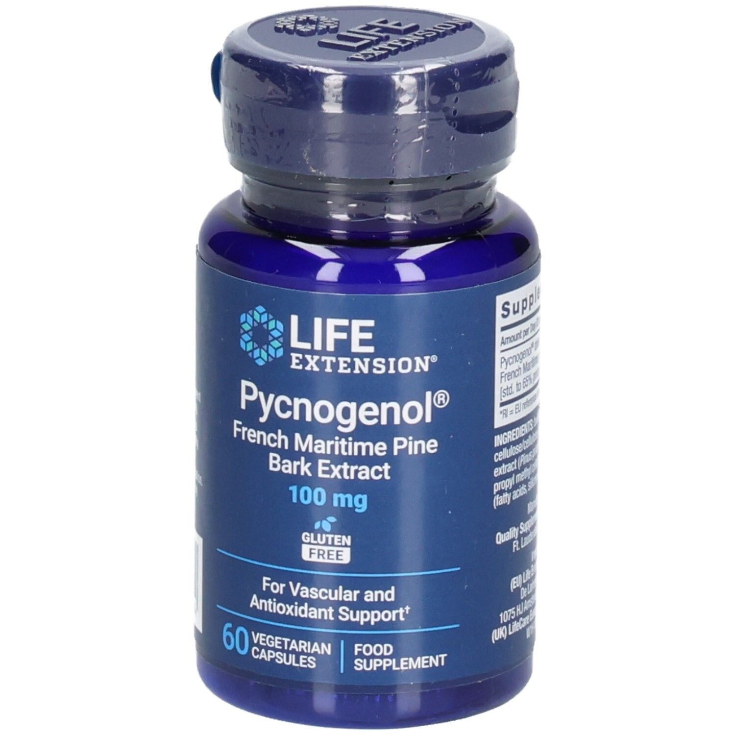 Blaue Flasche mit Kapseln. Aufschrift: Pycnogenol, 100 mg, 60 vegetarische Kapseln. Glutenfrei. Für Gefäß- und Antioxidantienunterstützung.