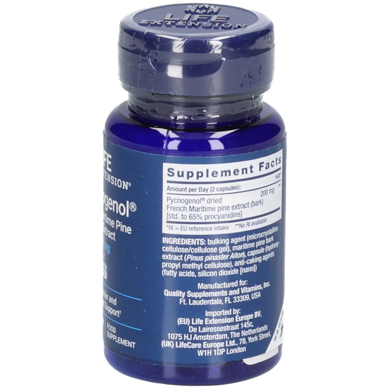 Rückseite einer blauen Flasche mit Kapseln. Text: Nährwertangaben, Inhaltsstoffe, Herstellerinformationen. 60 Kapseln.