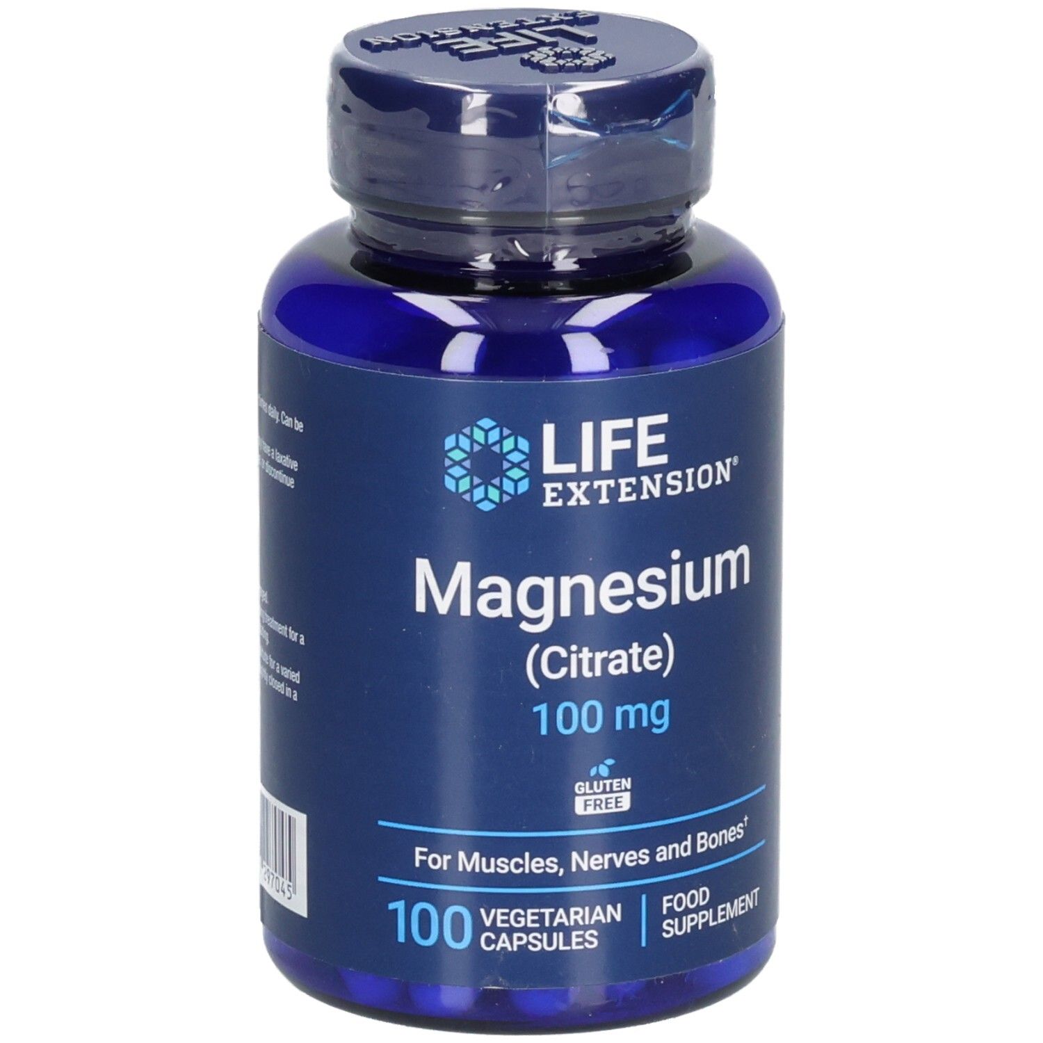 Flacon bleu de Life Extension Magnesium (Citrate) 100 mg. 100 gélules végétariennes. Sans gluten.