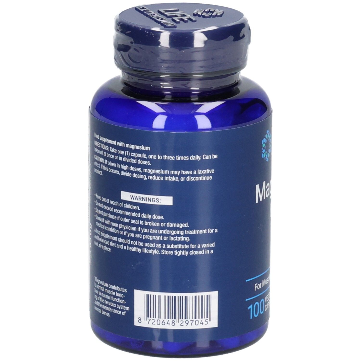 Dos du flacon bleu avec informations sur Life Extension Magnesium (Citrate). Code-barres et avertissements.