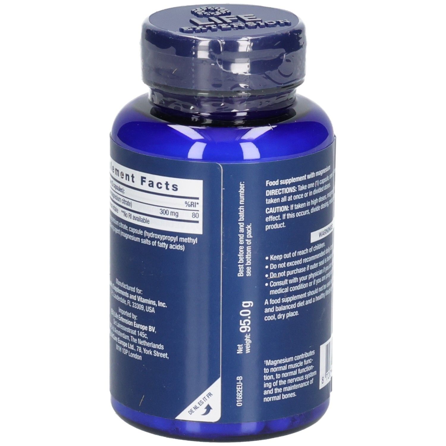 Flacon bleu Life Extension Magnesium (Citrate). Informations nutritionnelles, poids 95,0 g. Date de péremption.