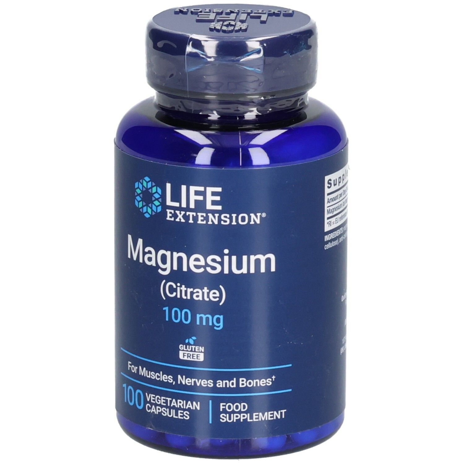 Flacon bleu Life Extension Magnesium (Citrate) 100 mg. 100 gélules végétariennes. Sans gluten.