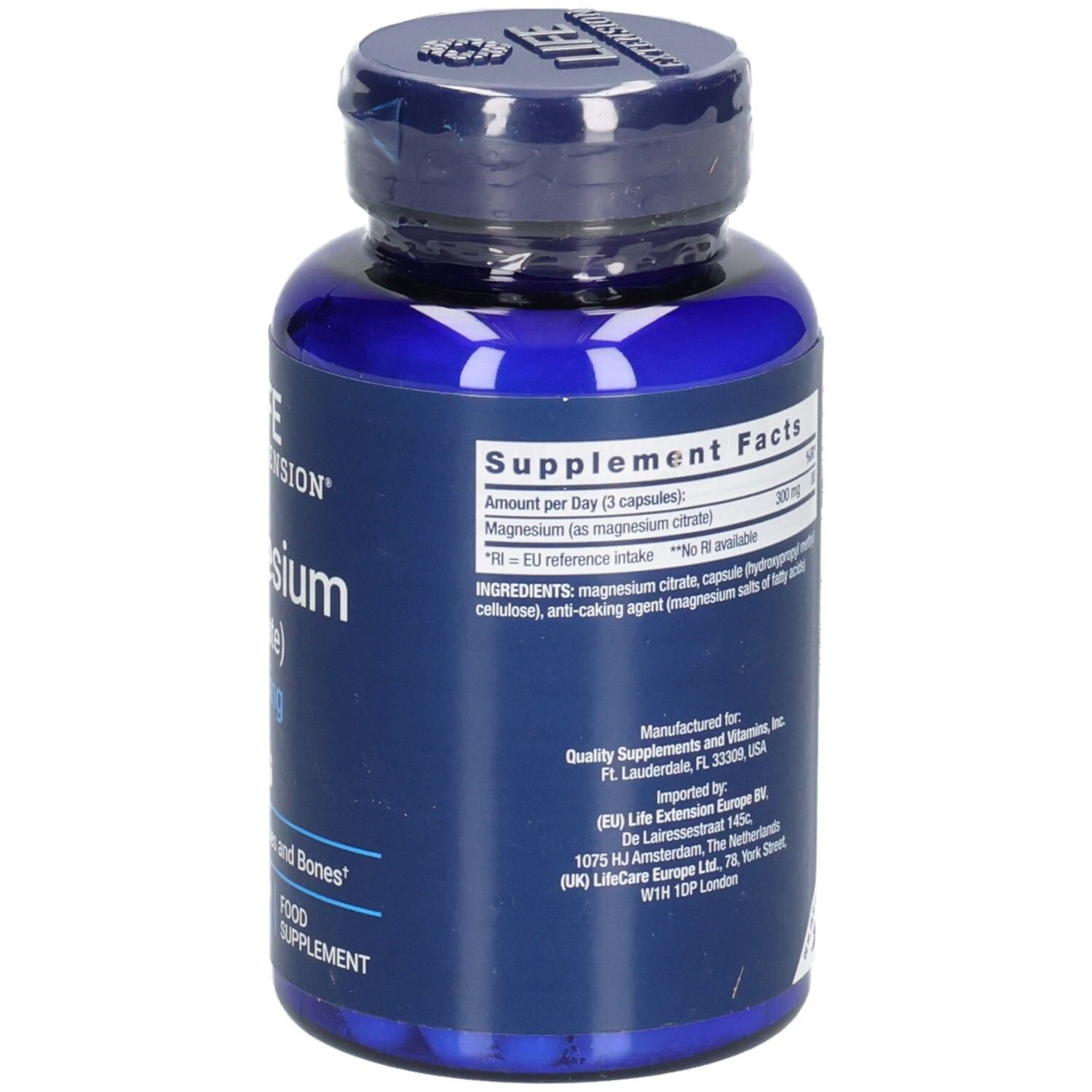 Flacon bleu Life Extension Magnesium (Citrate). Informations nutritionnelles et ingrédients. Informations fabricant.