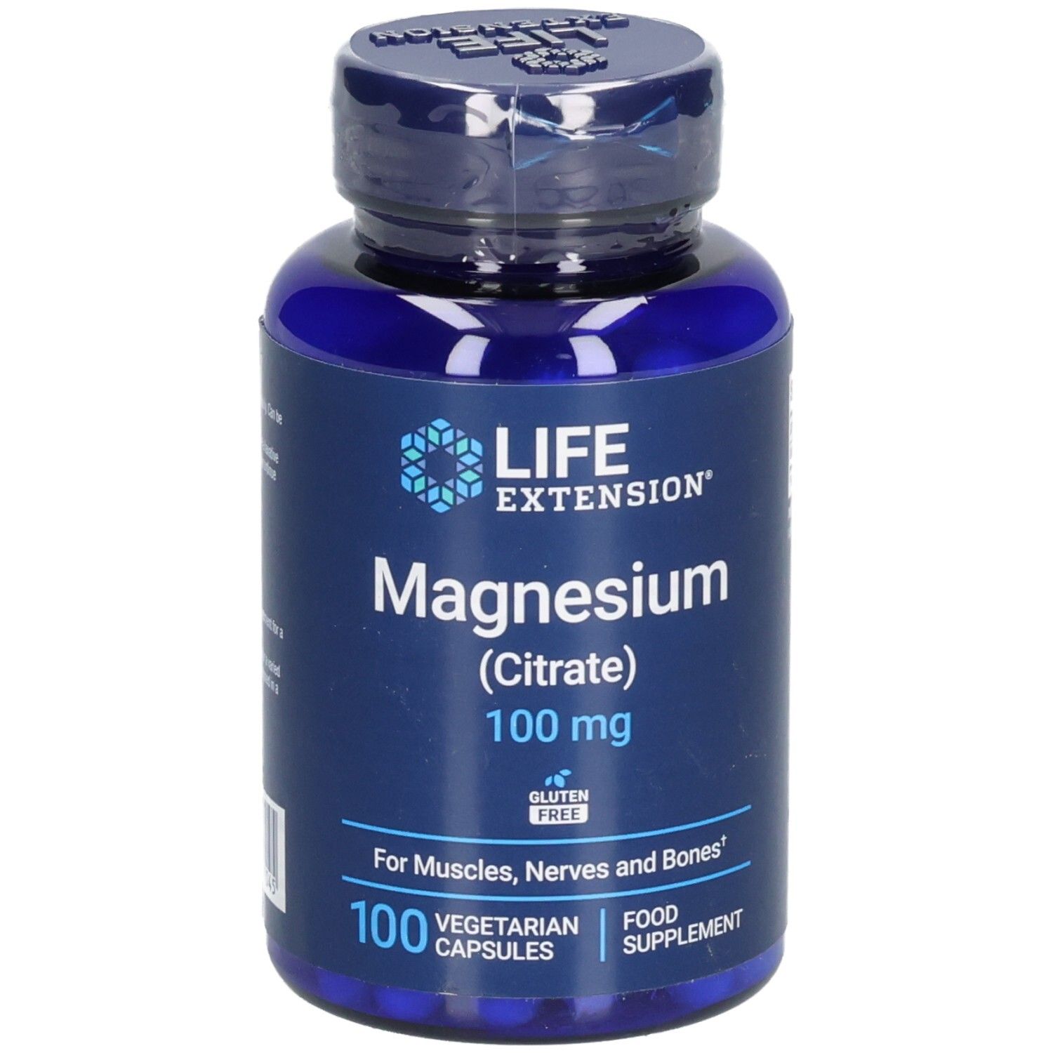 Flacon bleu Life Extension Magnesium (Citrate) 100 mg. 100 gélules végétariennes. Sans gluten.