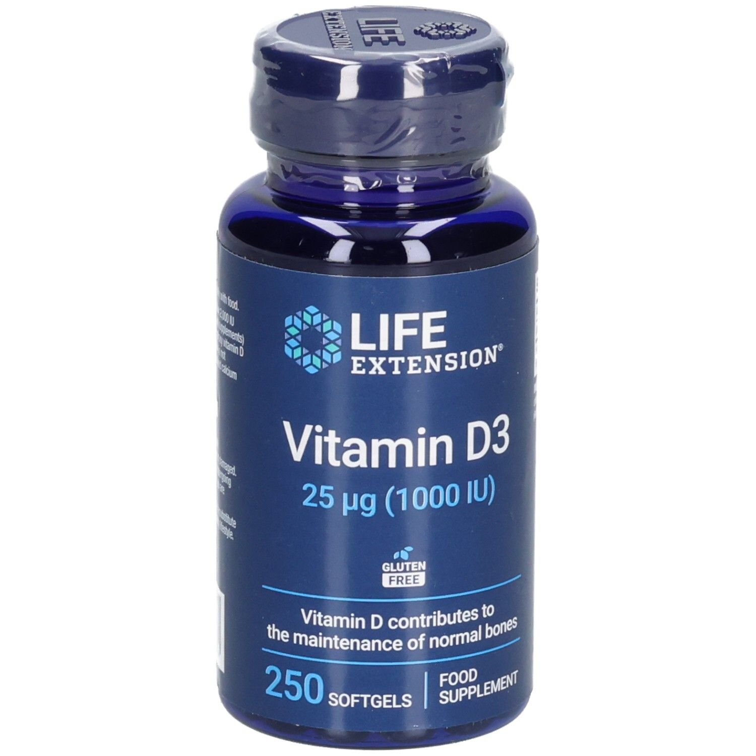 Blaue Flasche mit Vitamin D3-Kapseln. Aufschrift: Life Extension, Vitamin D3 25 µg (1000 IE), 250 Softgels.