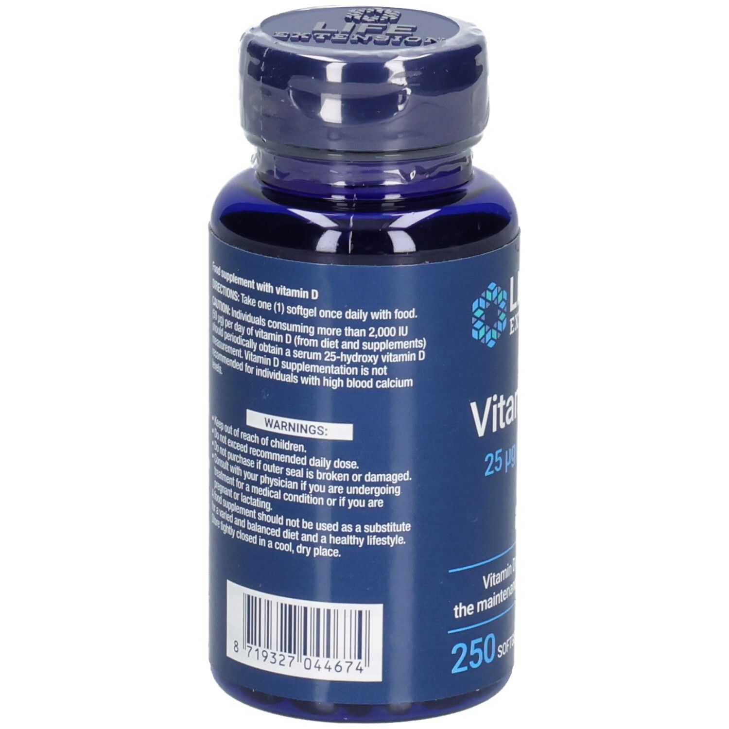 Rückansicht der blauen Flasche mit Vitamin D3-Kapseln. Text: Anwendungshinweise, Warnhinweise, 250 Softgels.