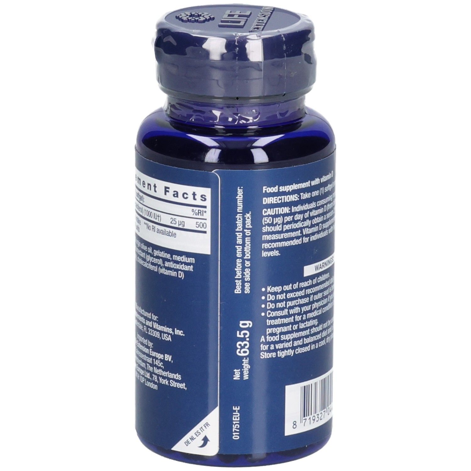 Rückseite der blauen Flasche mit Vitamin D3. Text: Nährwertangaben, Nettogewicht 63,5 g, Chargennummer und Barcode.