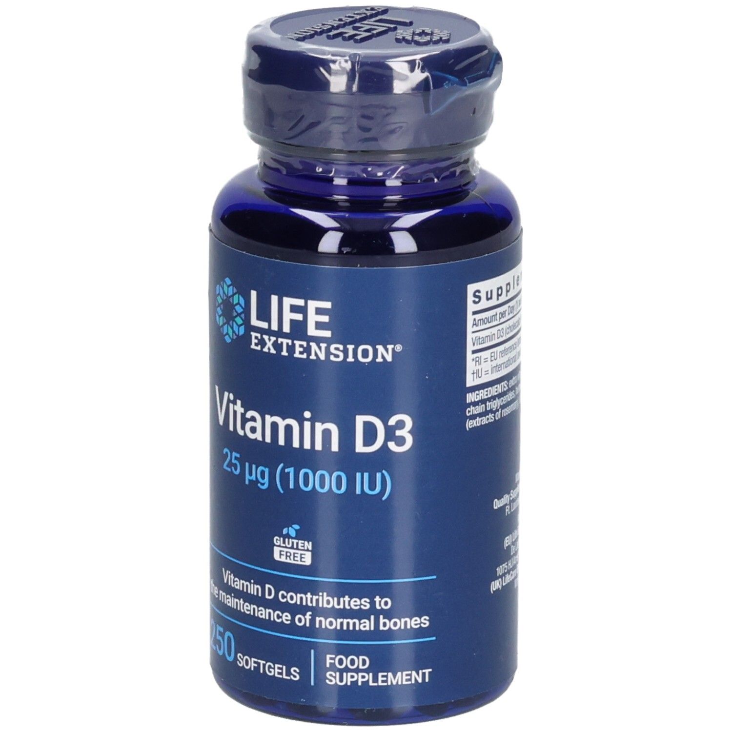 Avant de la bouteille Life Extension Vitamine D3, 25 µg (1000 UI).