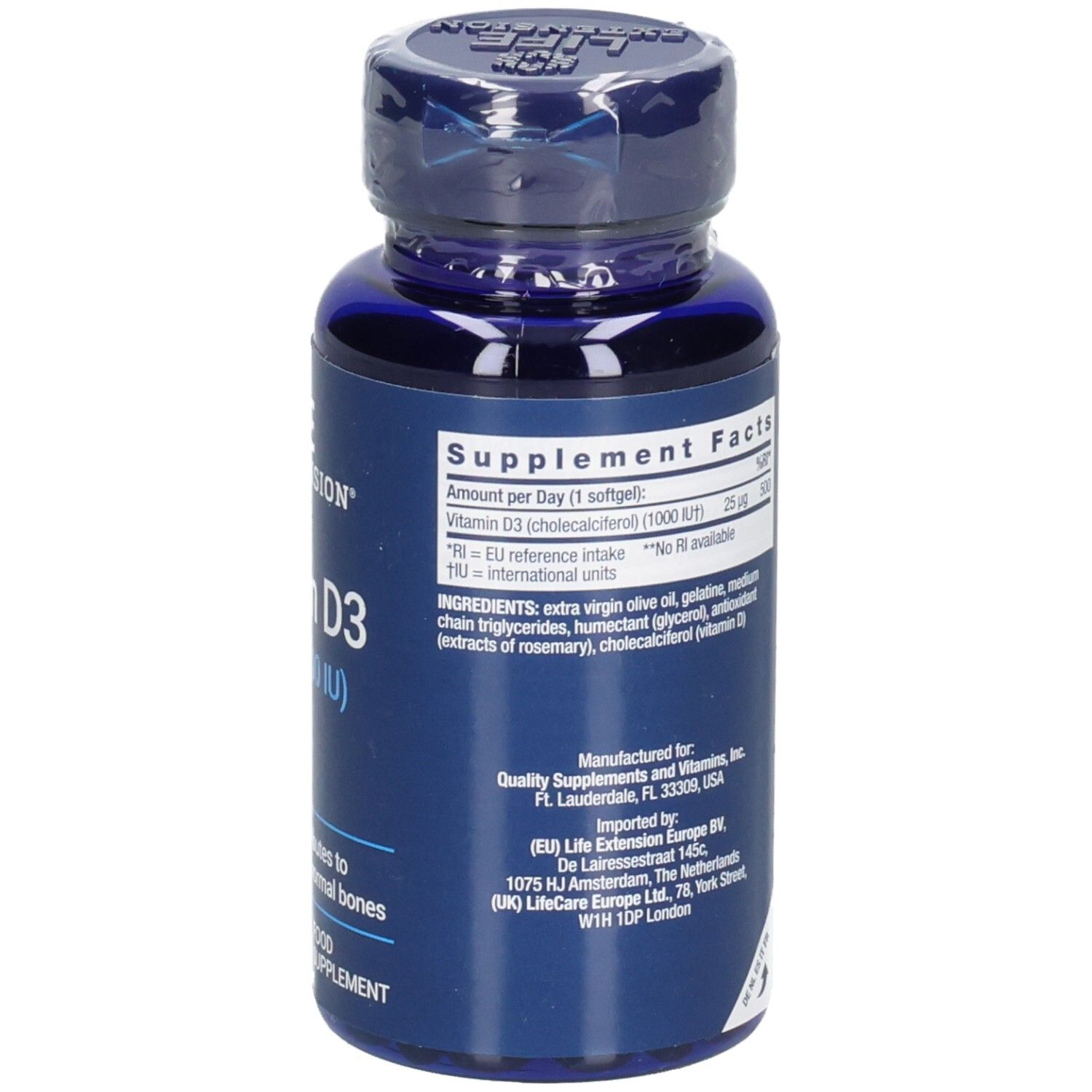 Blaue Flasche mit Vitamin D3. Text: Nährwertangaben, Zutaten, hergestellt von Quality Supplements and Vitamins, Inc.