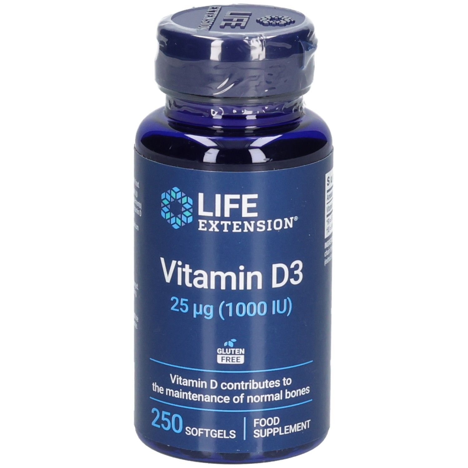 Blaue Flasche mit Vitamin D3-Kapseln. Aufschrift: Life Extension, Vitamin D3 25 µg (1000 IE), 250 Softgels.