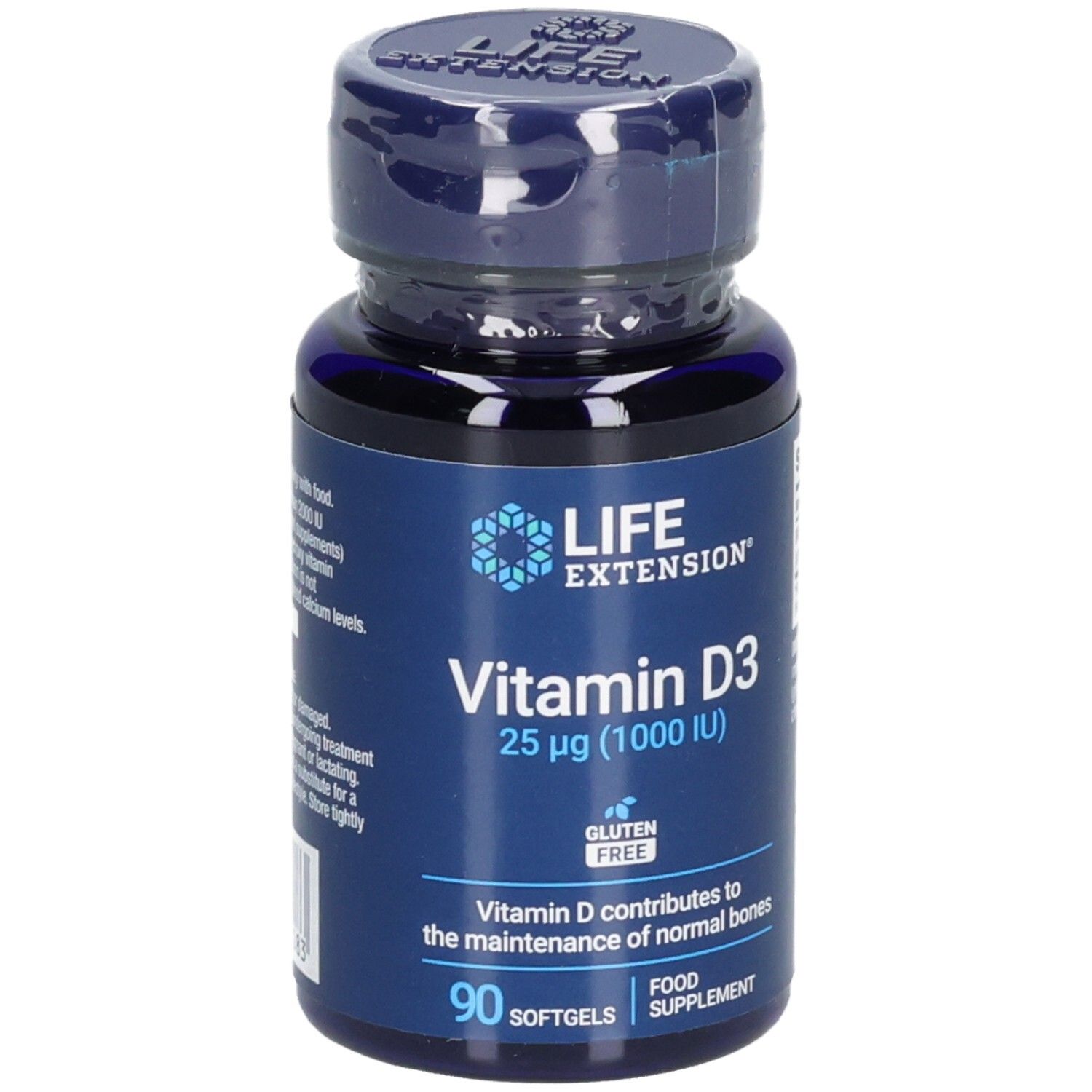 Blaue Flasche mit Vitamin D3-Kapseln. Aufschrift: LIFE EXTENSION, Vitamin D3 25 µg, glutenfrei. 90 Softgels.