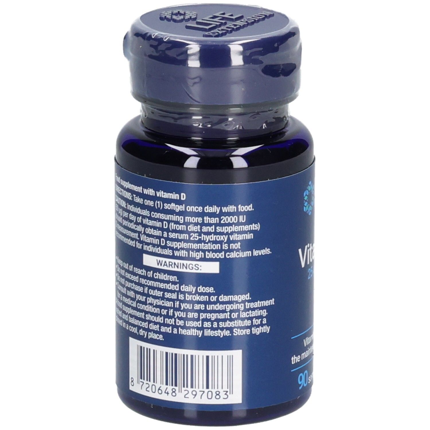 Rückseite der blauen Flasche mit Vitamin D3-Kapseln. Text: Gebrauchsanweisung, Warnhinweise, Barcode, 90 Softgels.