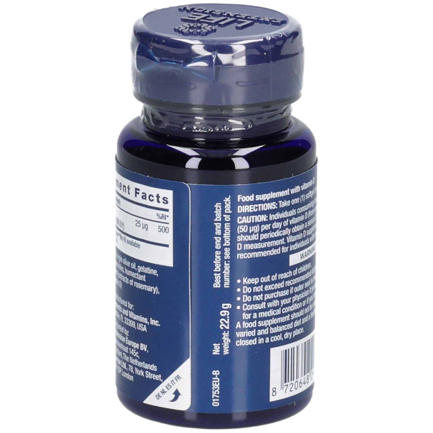 Rückseite der blauen Flasche mit Vitamin D3-Kapseln. Text: Nährwertangaben, Mindesthaltbarkeitsdatum, Gewicht 22,9 g.