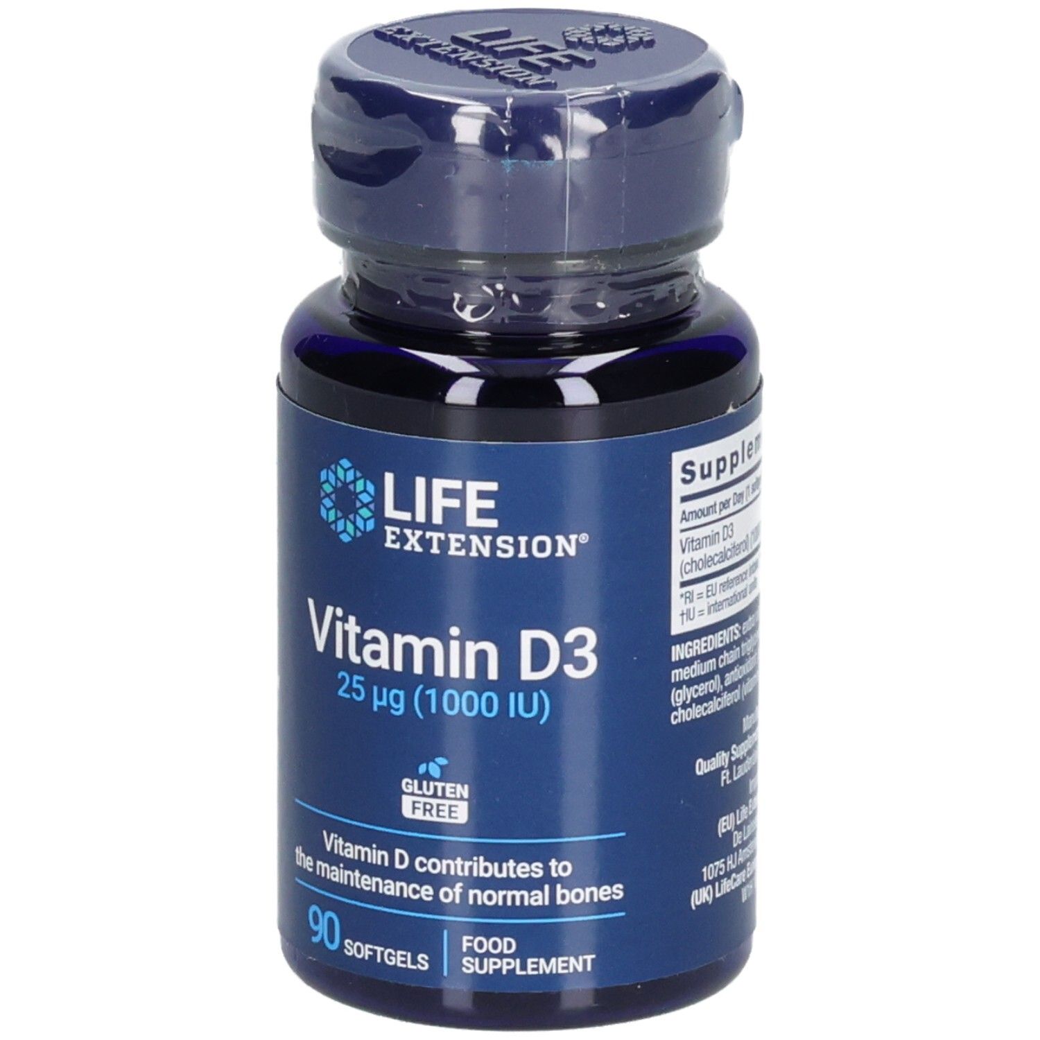 Blaue Flasche mit Vitamin D3-Kapseln. Aufschrift: LIFE EXTENSION, Vitamin D3 25 µg, glutenfrei. 90 Softgels.