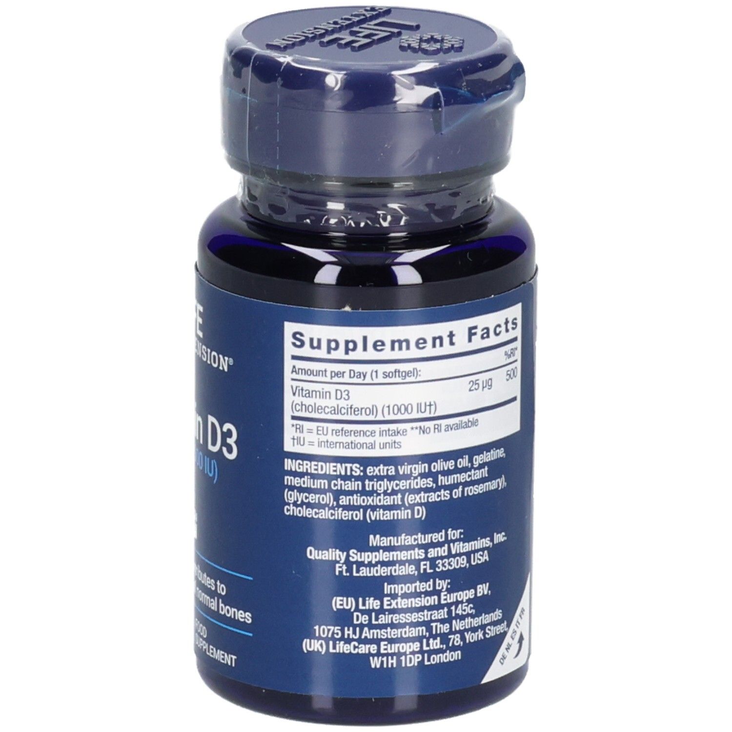 Rückseite der blauen Flasche mit Vitamin D3-Kapseln. Text: Nährwertangaben, Inhaltsstoffe, hergestellt von Life Extension.
