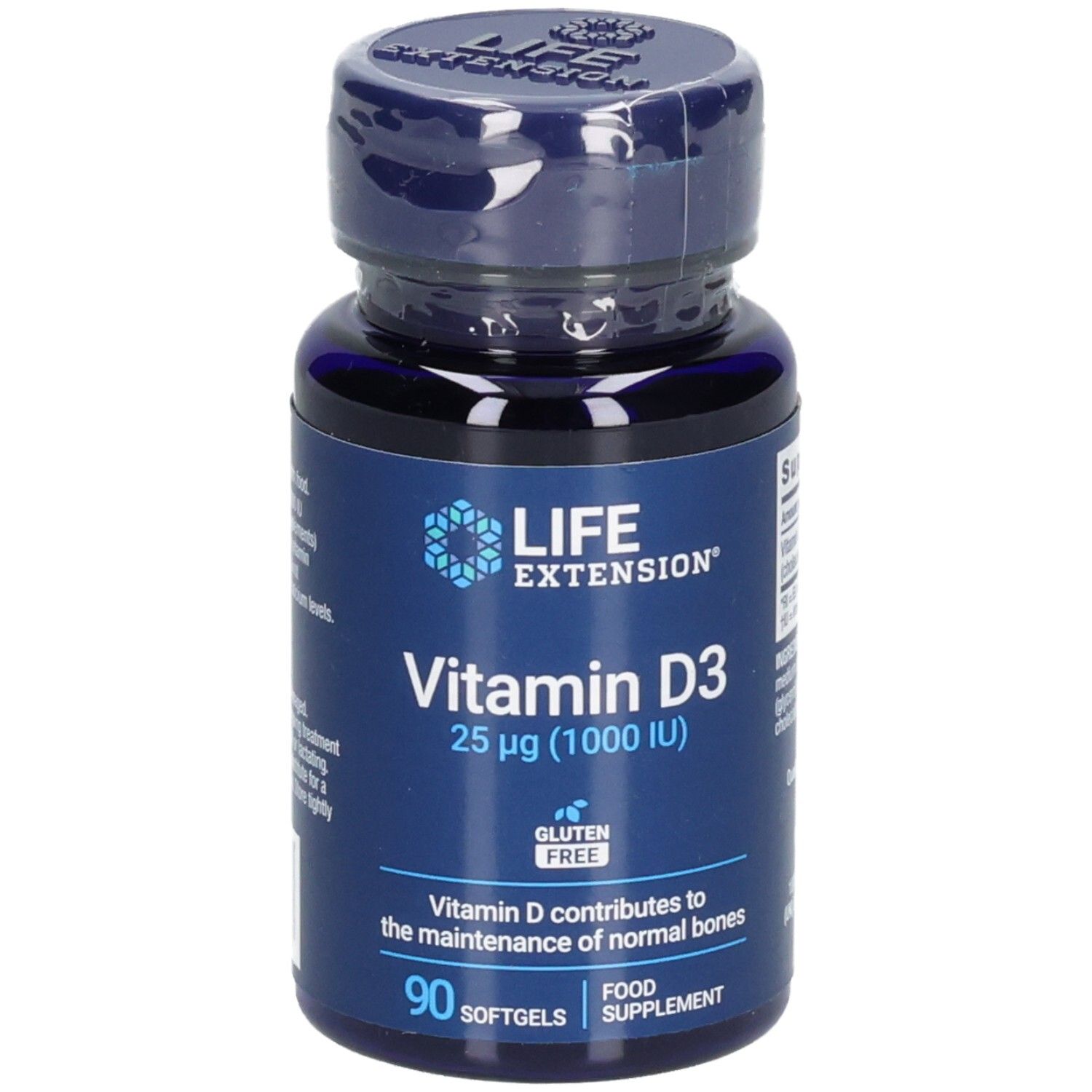 Blaue Flasche mit Vitamin D3-Kapseln. Aufschrift: LIFE EXTENSION, Vitamin D3 25 µg, glutenfrei. 90 Softgels.