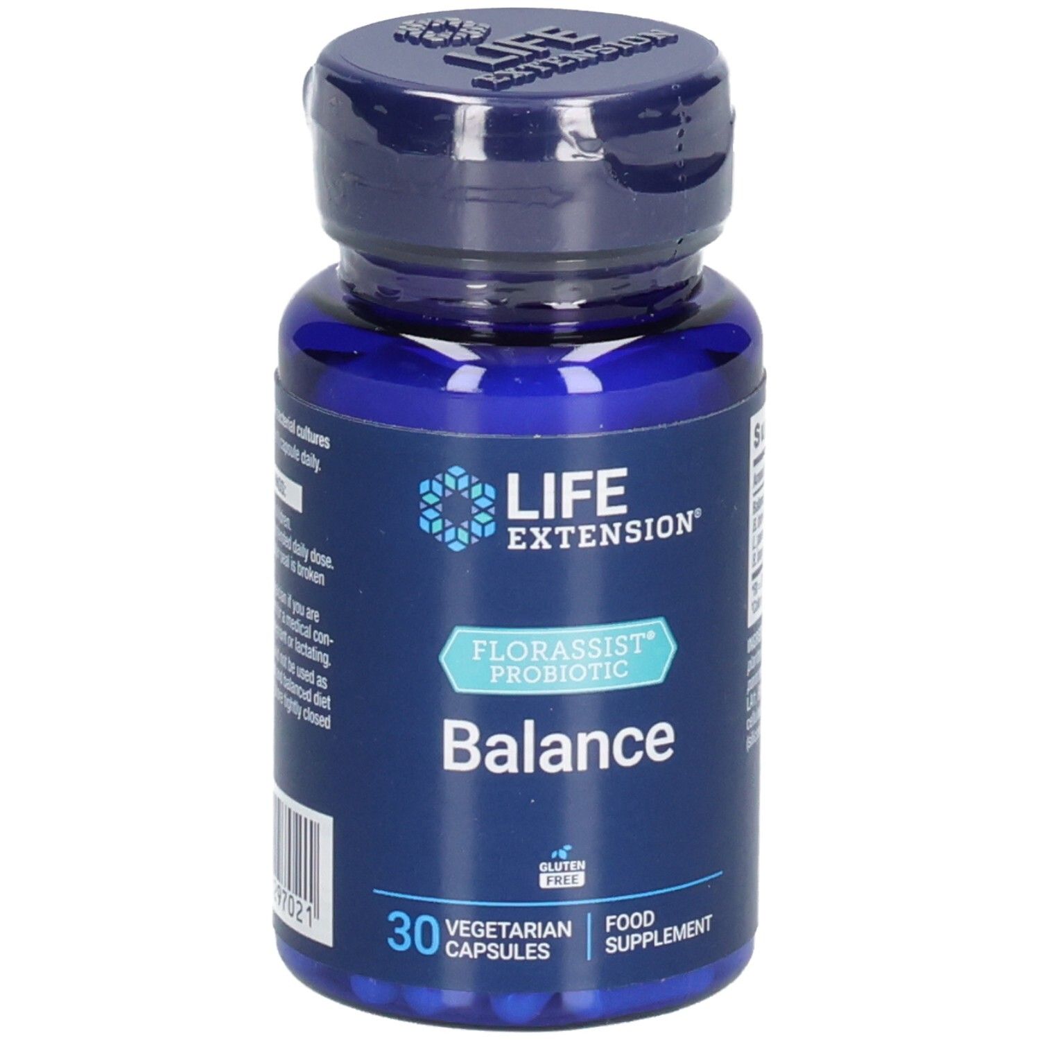 Blaue Flasche mit Kapseln. Aufschrift: FLORASSIST PROBIOTIC Balance, 30 vegetarische Kapseln. Marke: LIFE EXTENSION.