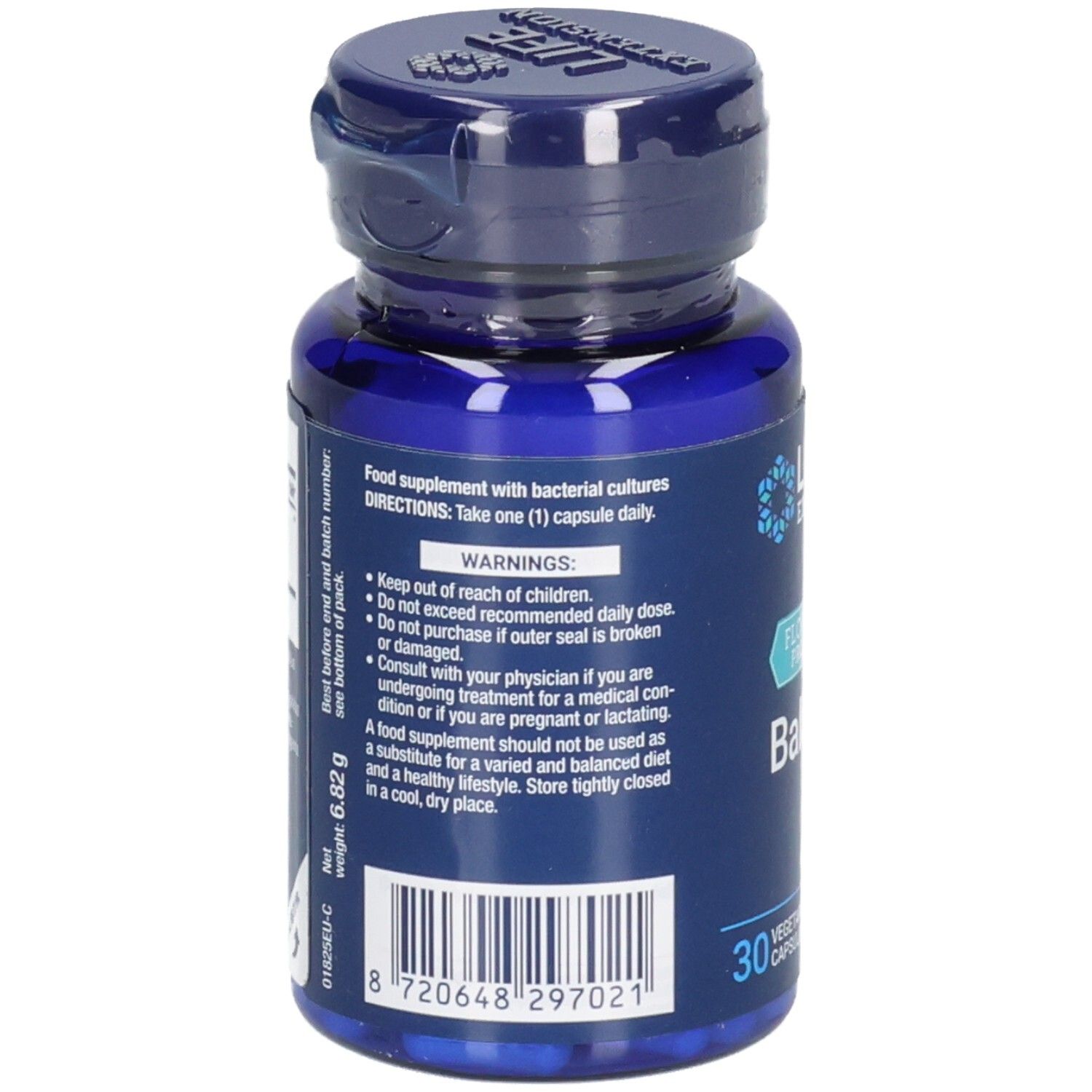 Rückseite der blauen Flasche mit Kapseln. Text: Nahrungsergänzungsmittel mit Bakterienkulturen. Warnhinweise und Inhaltsangaben.