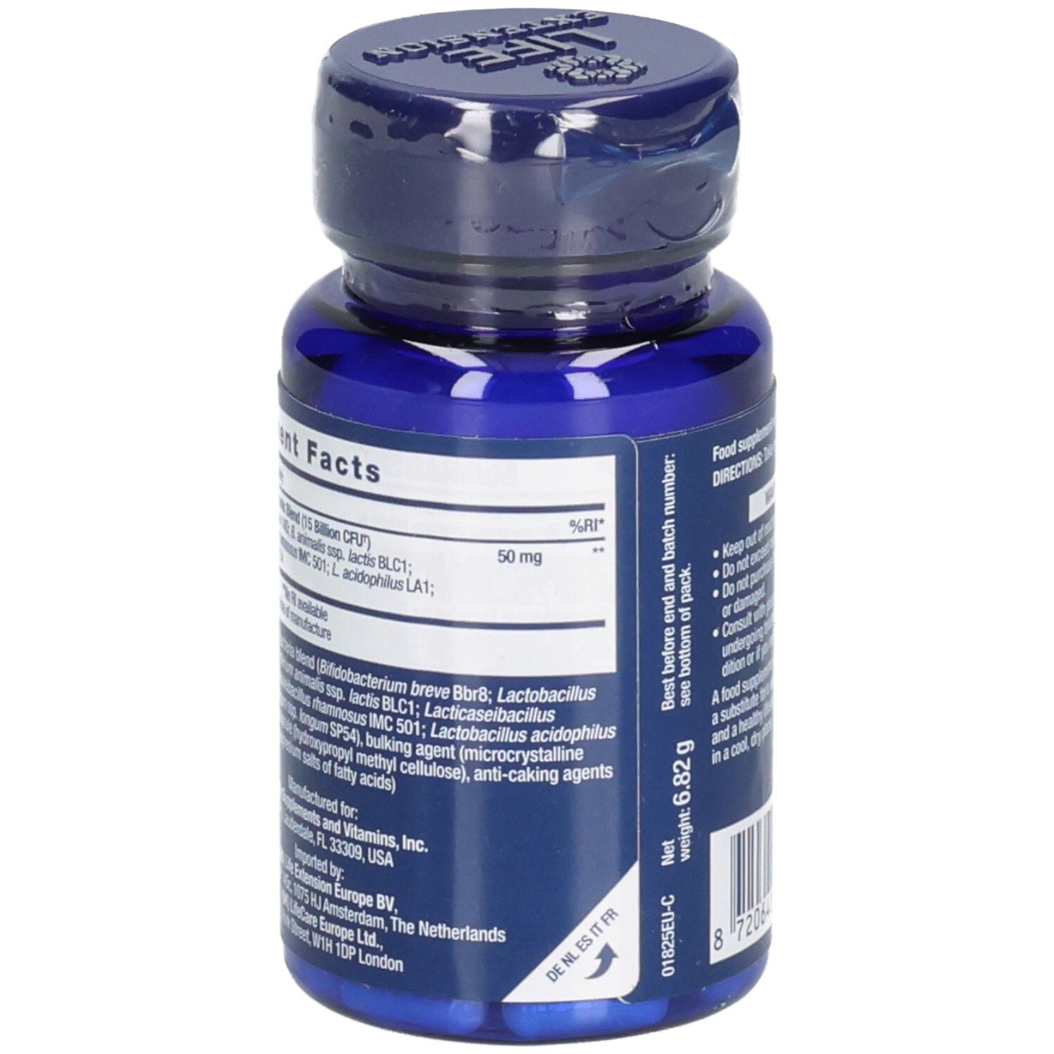 Rückseite der blauen Flasche mit Kapseln. Inhaltsstoffe: Bakterienkulturen, Füllstoffe, Trennmittel. Nettogewicht: 6,82 g.