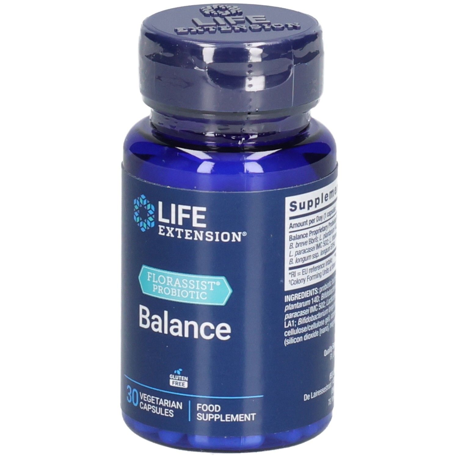 Blaue Flasche mit Kapseln. Aufschrift: LIFE EXTENSION, FLORASSIST PROBIOTIC Balance, 30 vegetarische Kapseln.