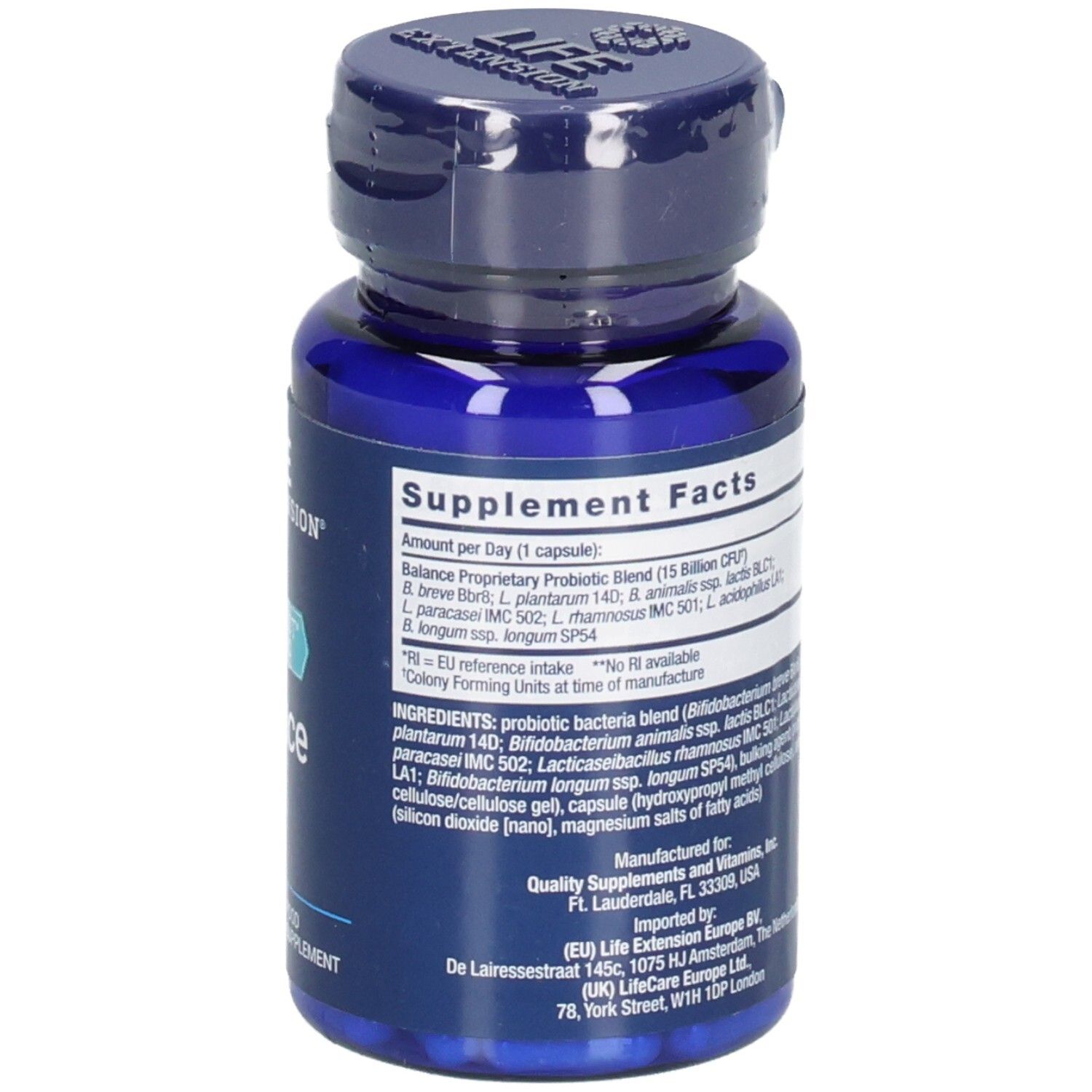 Rückseite der blauen Flasche mit Kapseln. Inhaltsstoffe und Nährwertangaben. Marke: LIFE EXTENSION.
