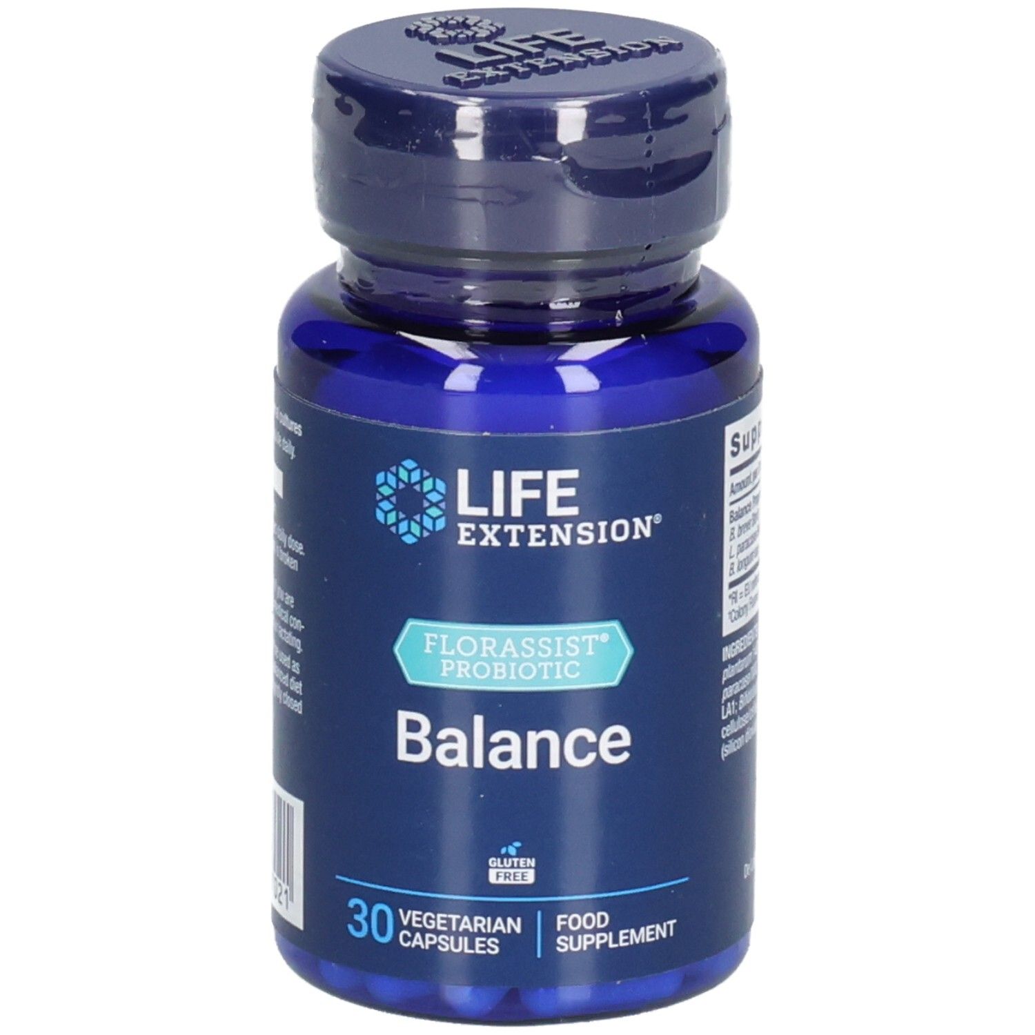 Blaue Flasche mit Kapseln. Aufschrift: LIFE EXTENSION, FLORASSIST PROBIOTIC Balance, 30 vegetarische Kapseln.