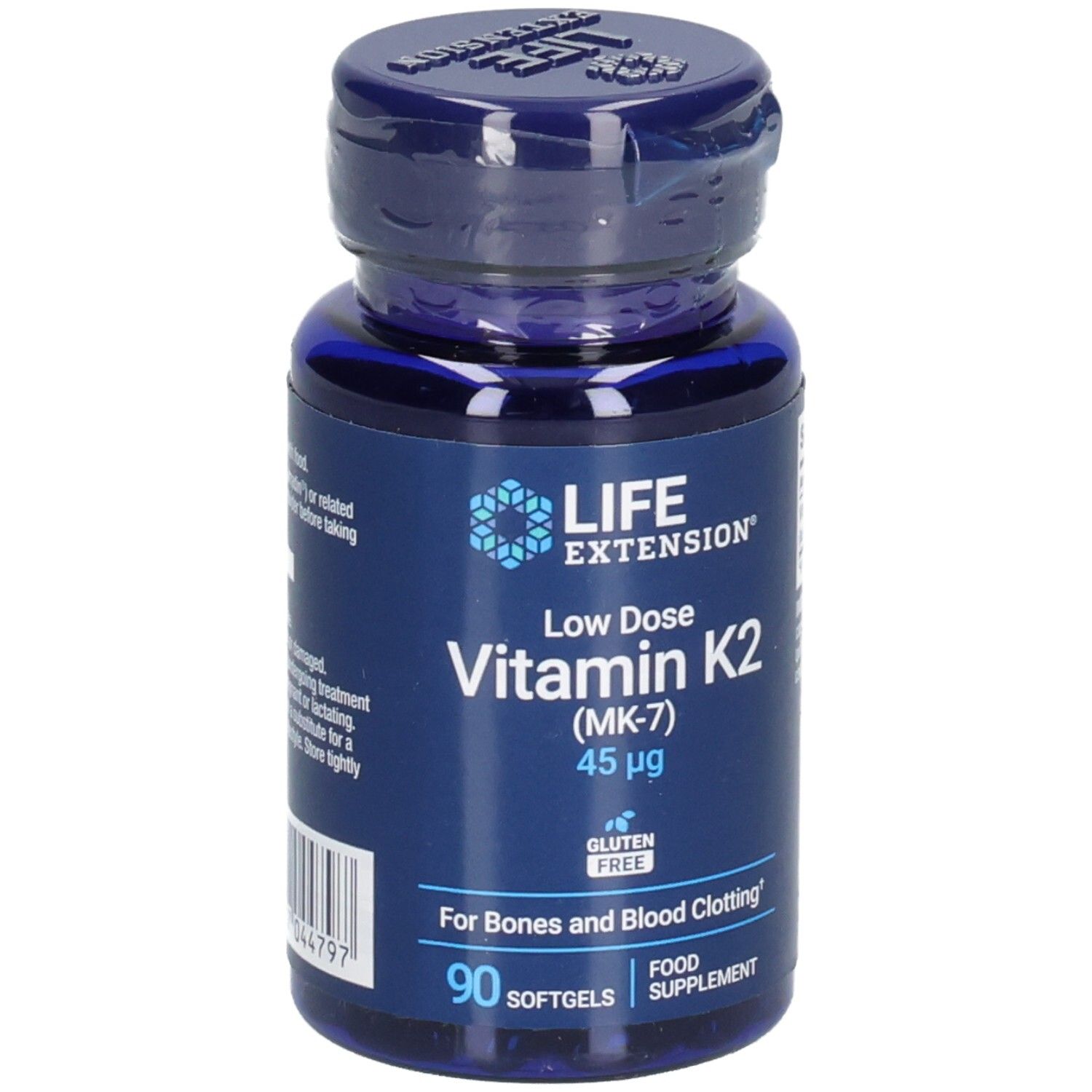 Flacon bleu de gélules de vitamine K2. Inscription : LIFE EXTENSION, Low Dose Vitamin K2 (MK-7) 45 µg, 90 gélules. Sans gluten.