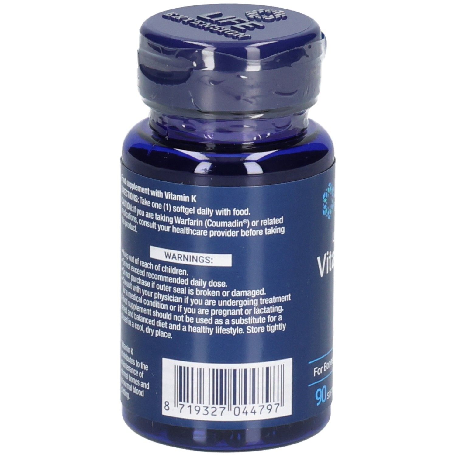 Dos du flacon bleu de gélules de vitamine K2. Texte : avertissements, ingrédients, code-barres et informations du fabricant.
