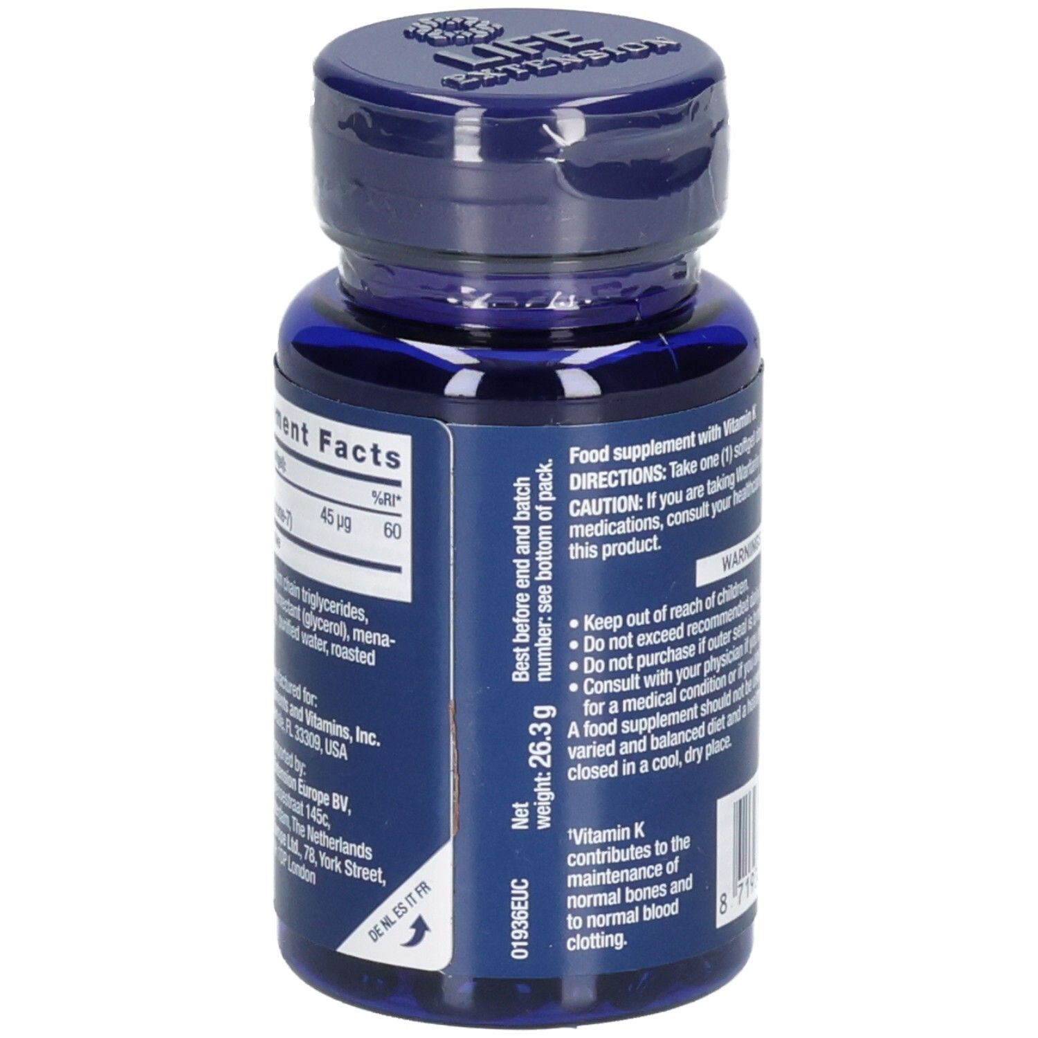 Vue arrière du flacon bleu de gélules de vitamine K2. Texte : informations nutritionnelles, poids 26,3g, date de péremption et fabricant.