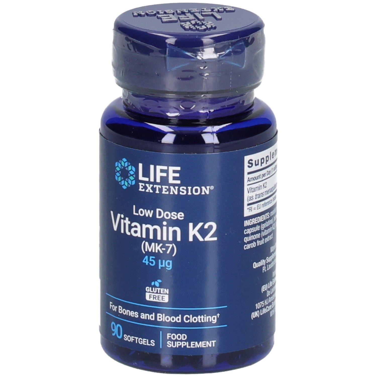 Flacon bleu de gélules de vitamine K2. Inscription : LIFE EXTENSION, Low Dose Vitamin K2 (MK-7) 45 µg, 90 gélules. Sans gluten.