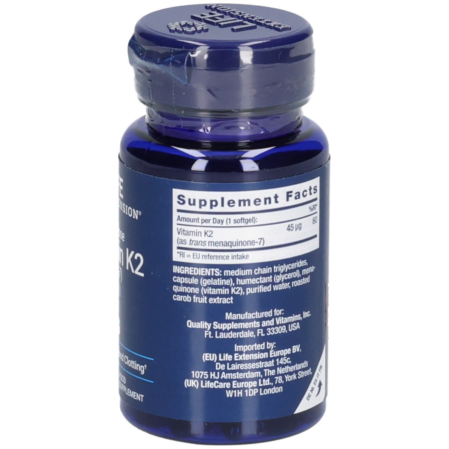 Dos du flacon bleu de gélules de vitamine K2. Texte : informations nutritionnelles, ingrédients, informations du fabricant et importateur.