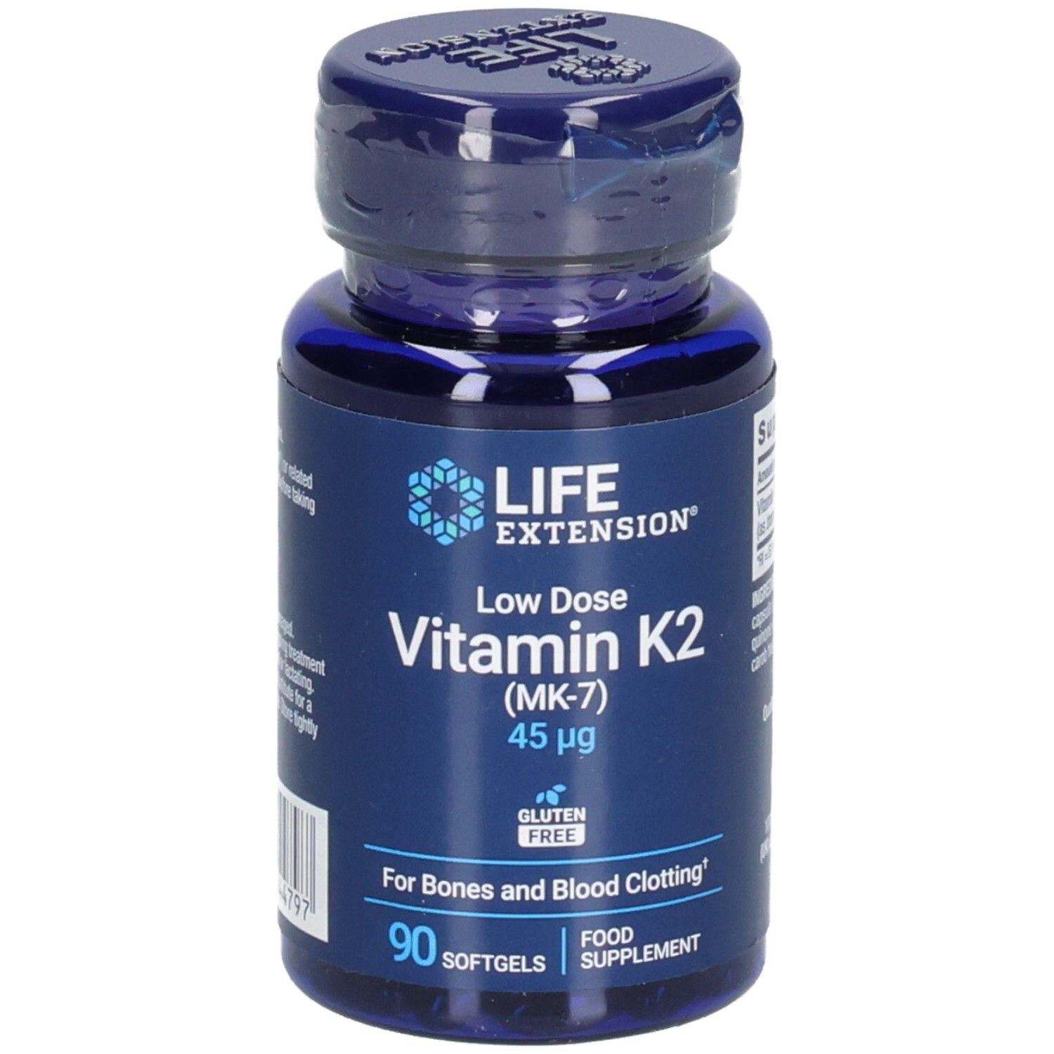 Flacon bleu de gélules de vitamine K2. Inscription : LIFE EXTENSION, Low Dose Vitamin K2 (MK-7) 45 µg, 90 gélules. Sans gluten.