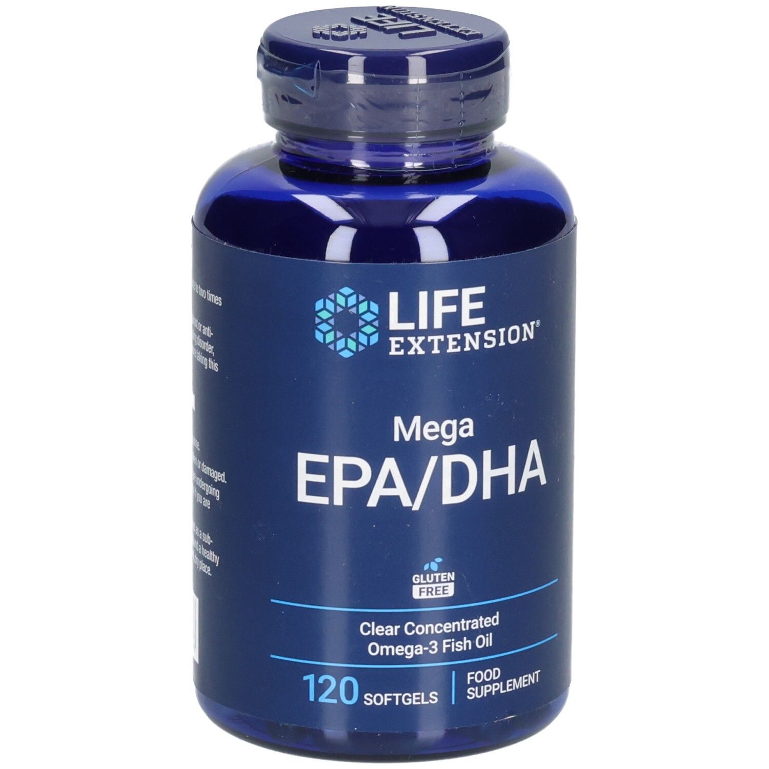 Blaue Flasche mit Kapseln. Aufschrift: Life Extension, Mega EPA/DHA, 120 Softgels. Glutenfrei.
