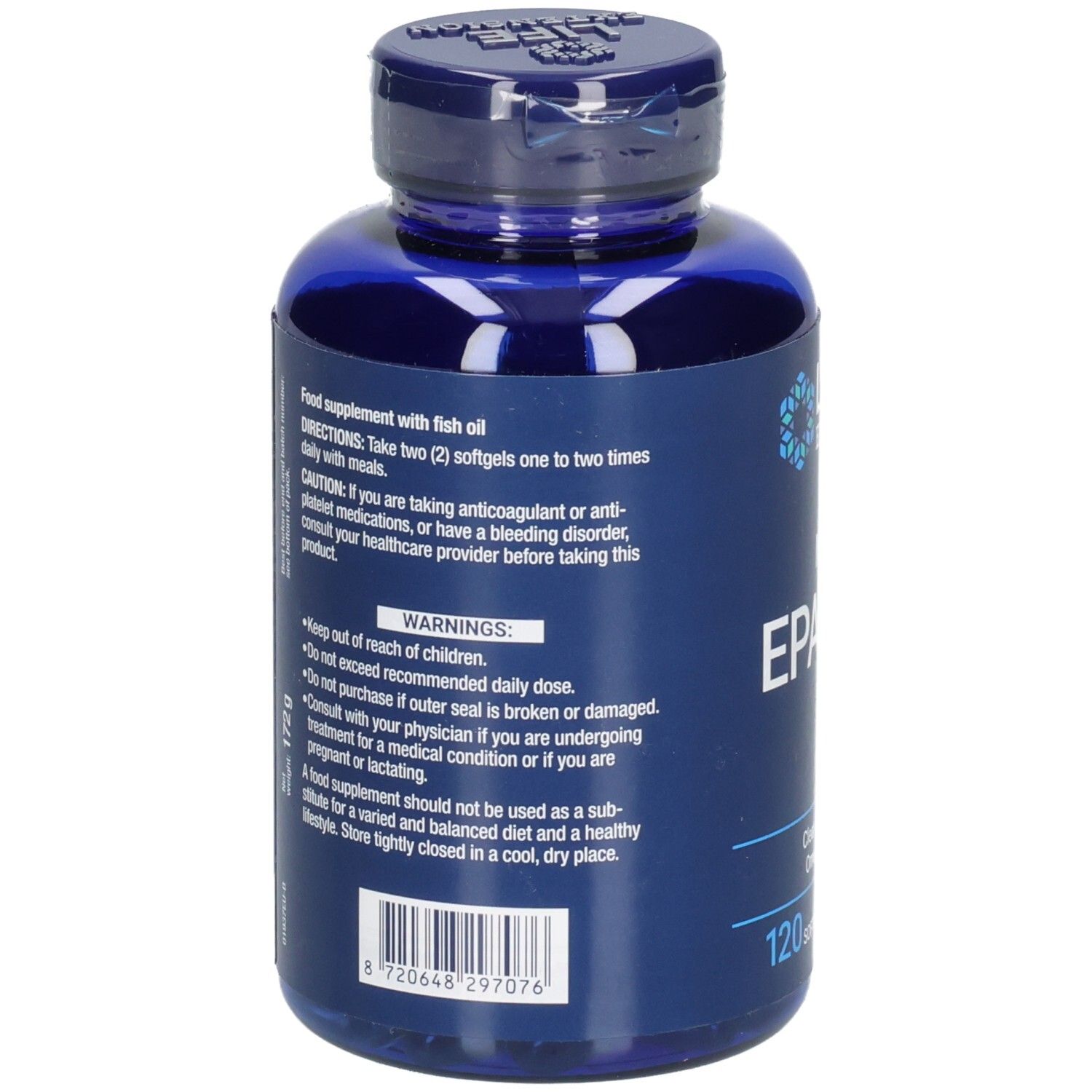 Rückseite der blauen Flasche. Text: Nahrungsergänzungsmittel mit Fischöl. Warnhinweise und Inhaltsstoffe.