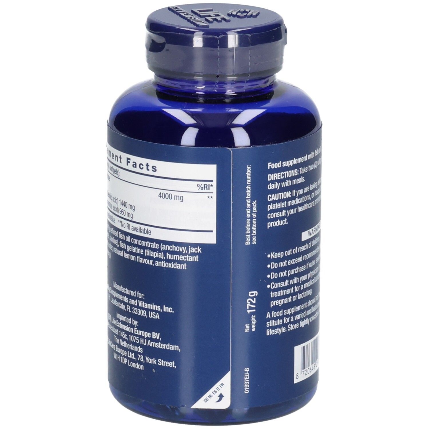 Rückseite der blauen Flasche. Text: Nährwertangaben, 172g. Mindesthaltbarkeitsdatum und Chargennummer.