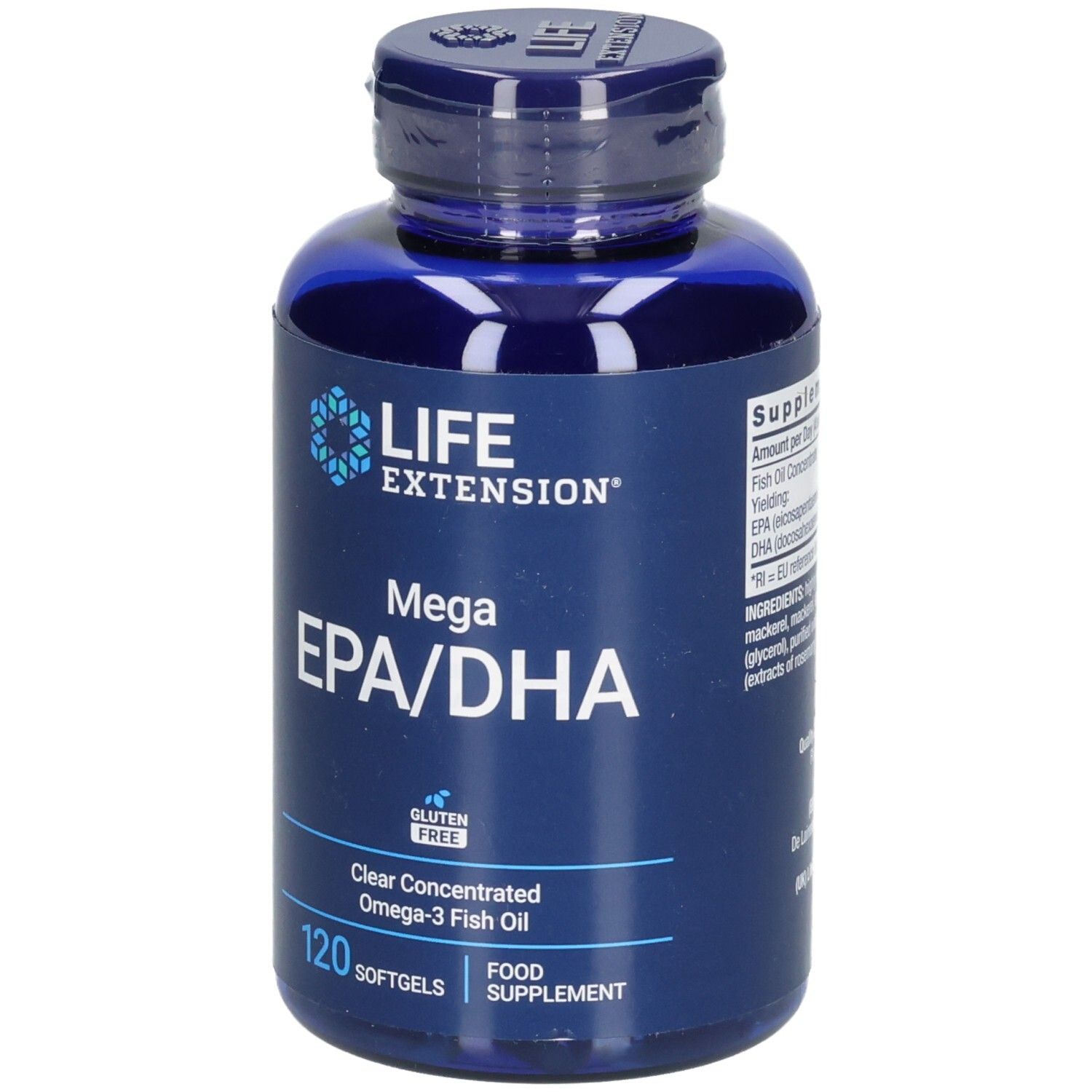 Blaue Flasche mit Kapseln. Aufschrift: Life Extension, Mega EPA/DHA, 120 Softgels. Glutenfrei.