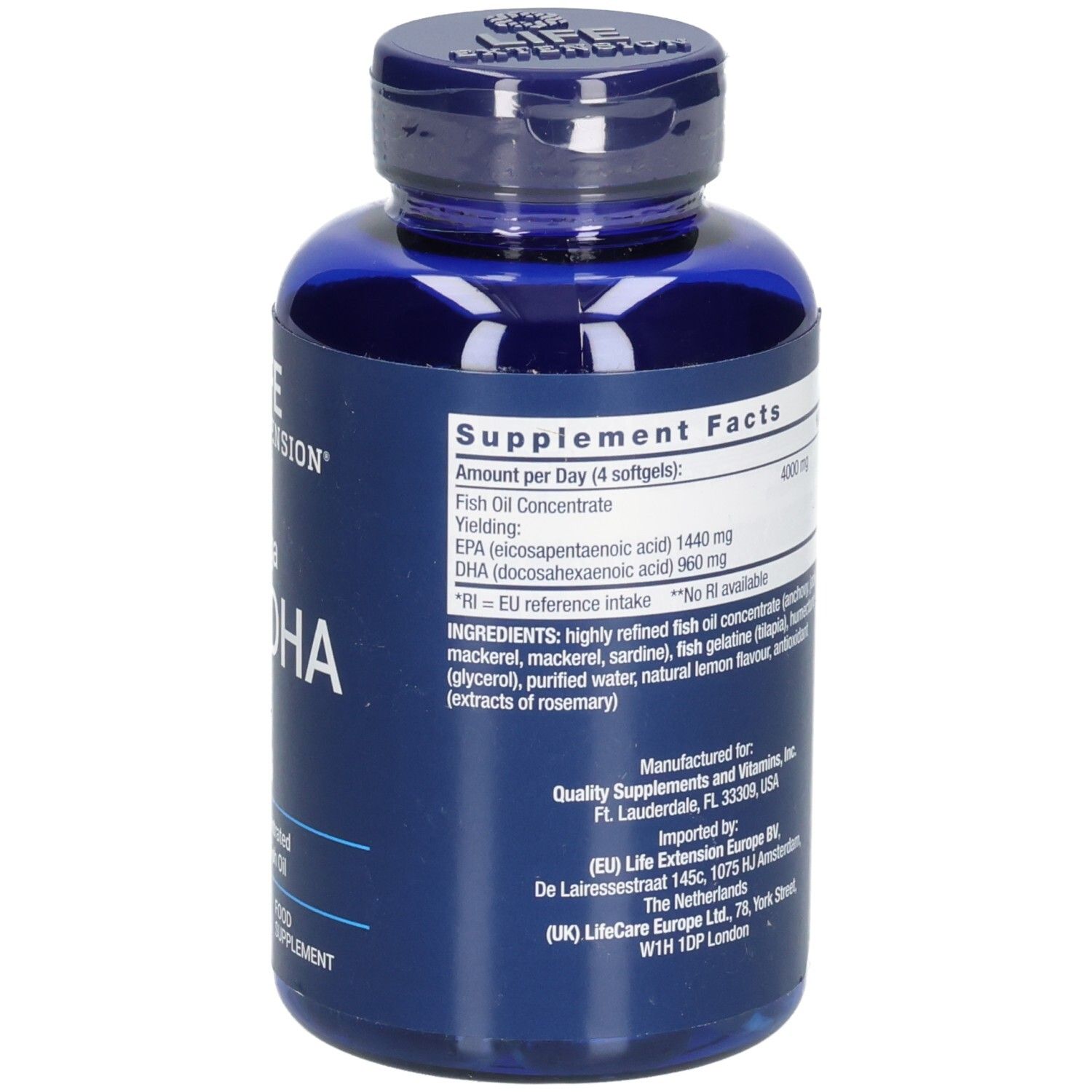 Rückseite der blauen Flasche. Text: Nährwertangaben, Inhaltsstoffe, Herstellerinformationen.