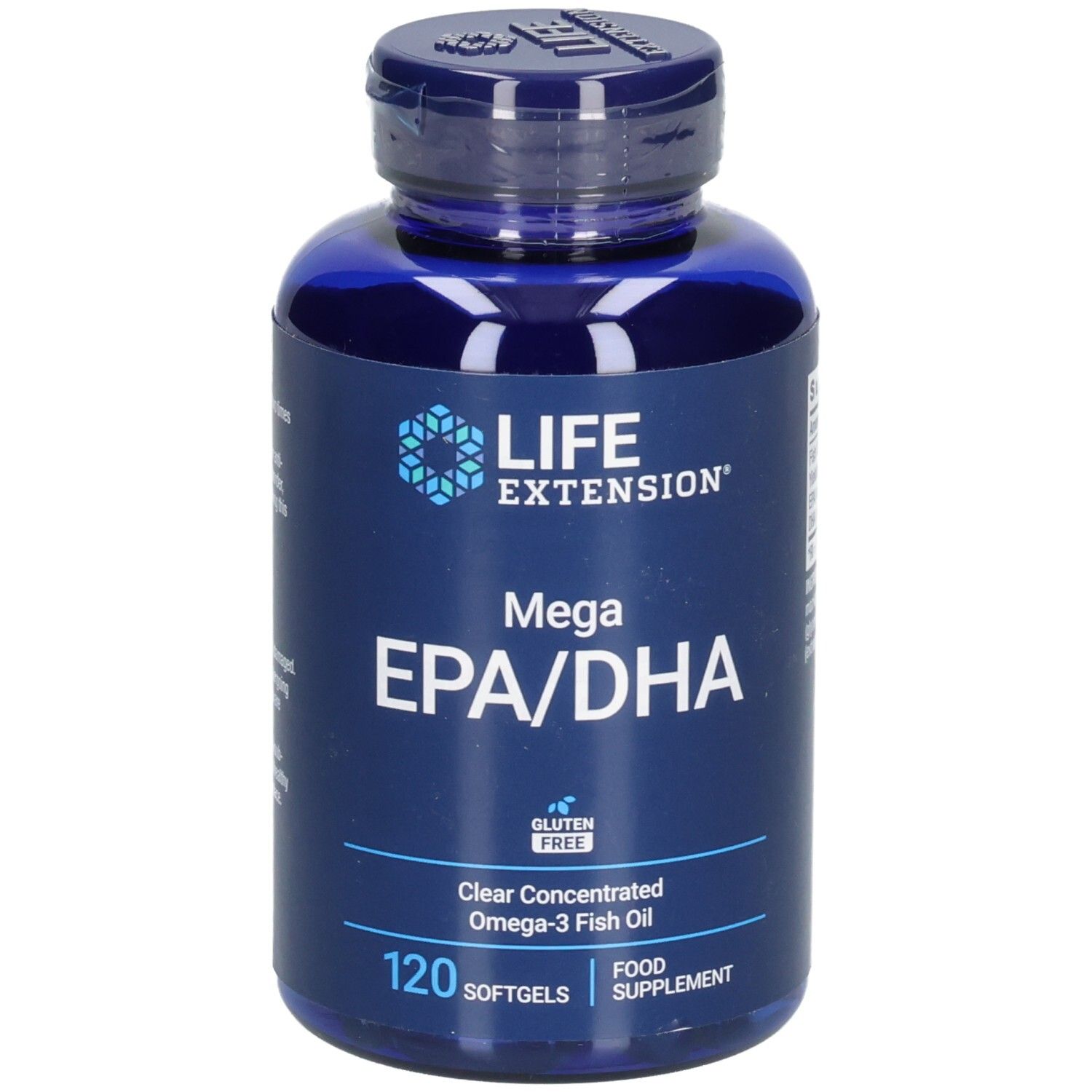 Blaue Flasche mit Kapseln. Aufschrift: Life Extension, Mega EPA/DHA, 120 Softgels. Glutenfrei.