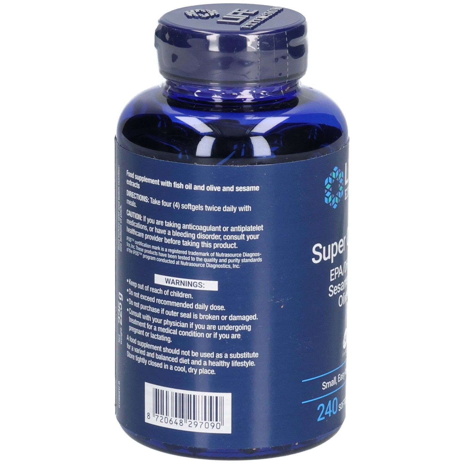 Rückseite der blauen Flasche mit Kapseln. Text: Nahrungsergänzungsmittel mit Fischöl und Sesam. Warnhinweise.