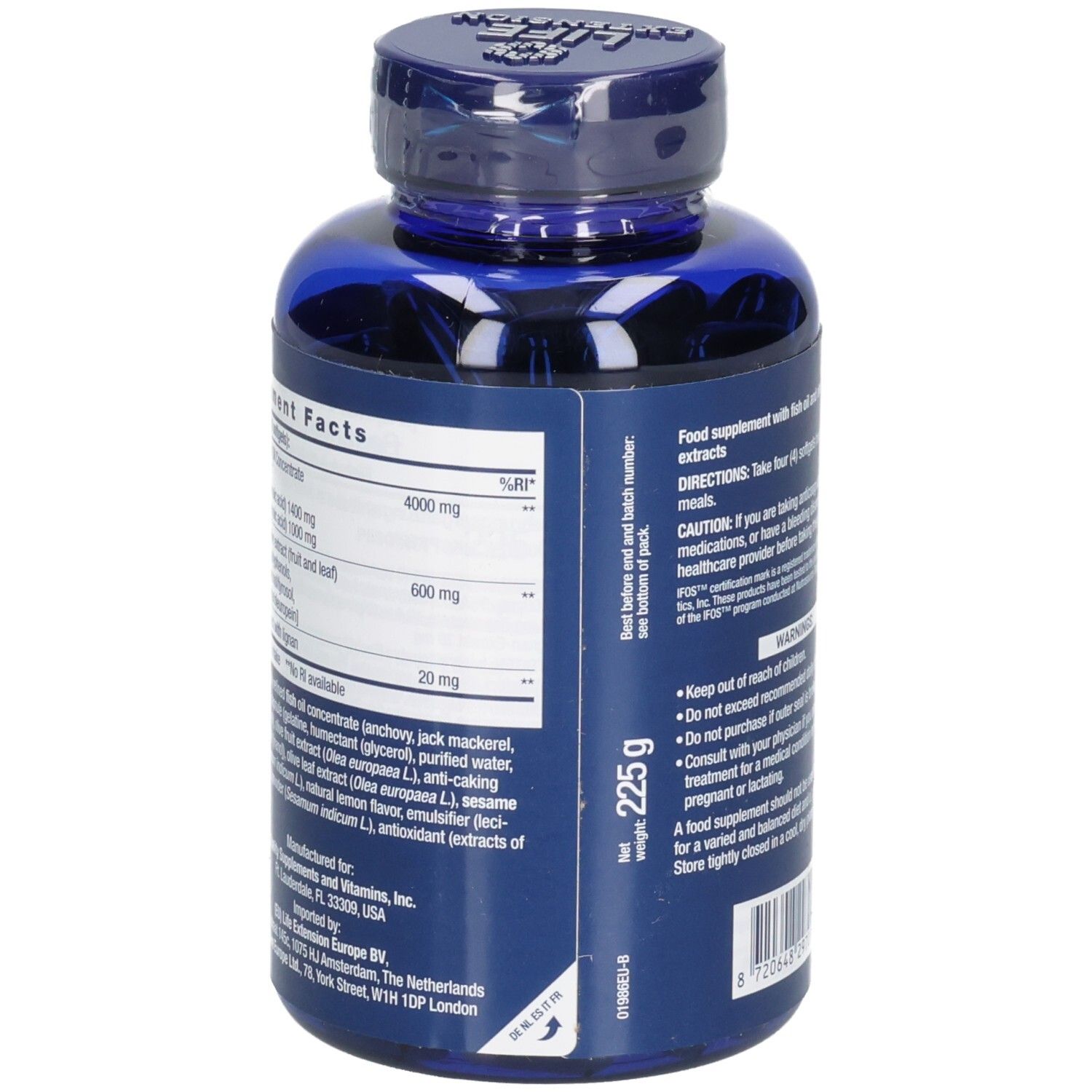 Rückseite der blauen Flasche mit Kapseln. Nährwertangaben. Gewicht: 225 g. Barcode.