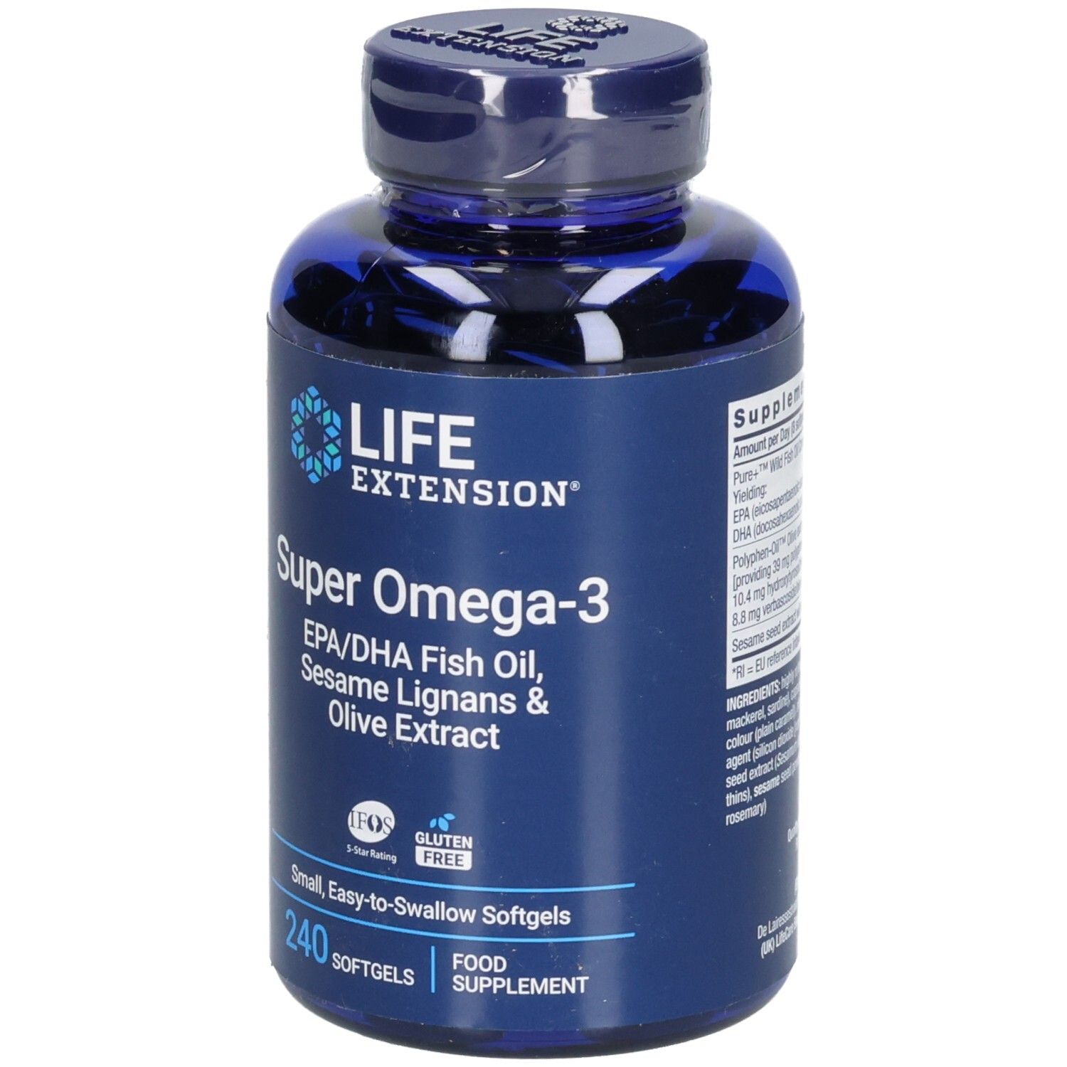 Blaue Flasche mit Kapseln. Aufschrift: LIFE EXTENSION Super Omega-3 EPA/DHA Fischöl. 240 Softgels. Glutenfrei.