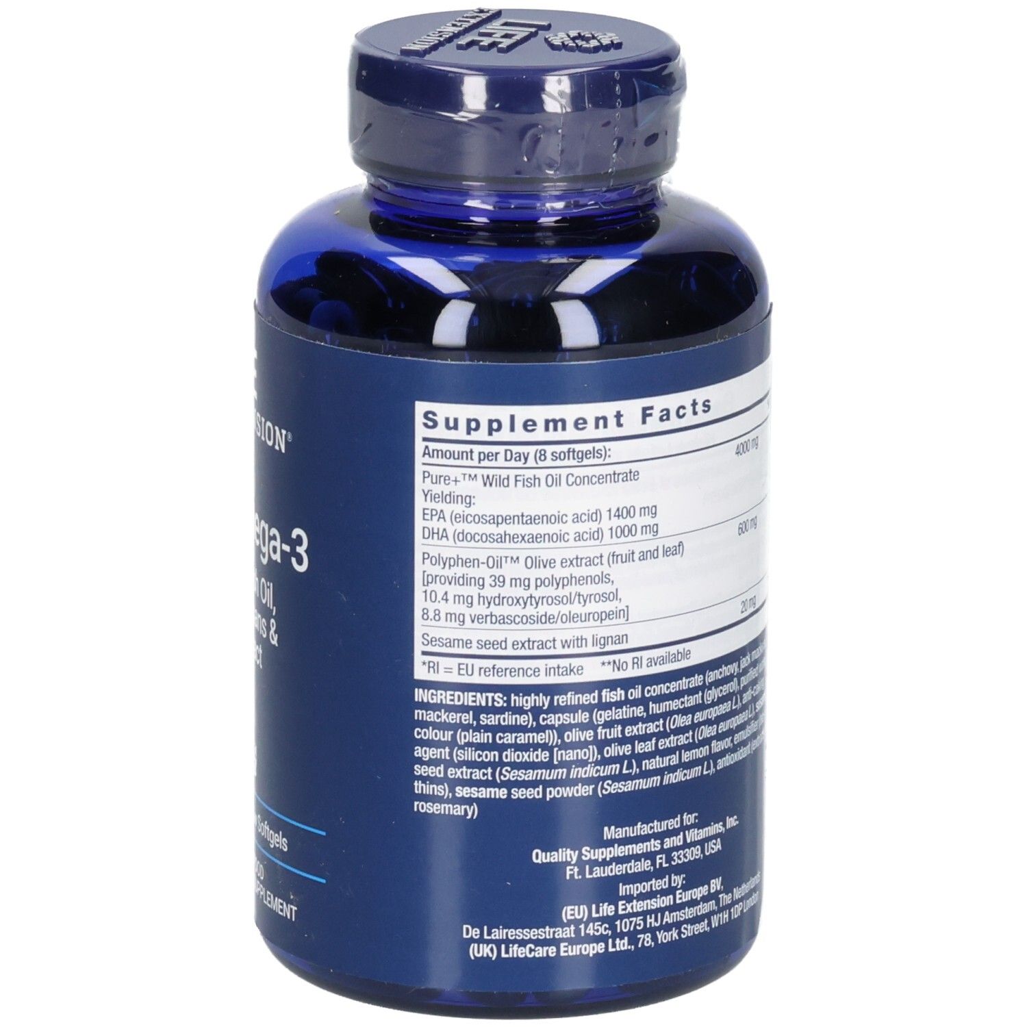 Rückseite der blauen Flasche mit Kapseln. Nährwertangaben. Zutatenliste. Hergestellt für Quality Supplements.