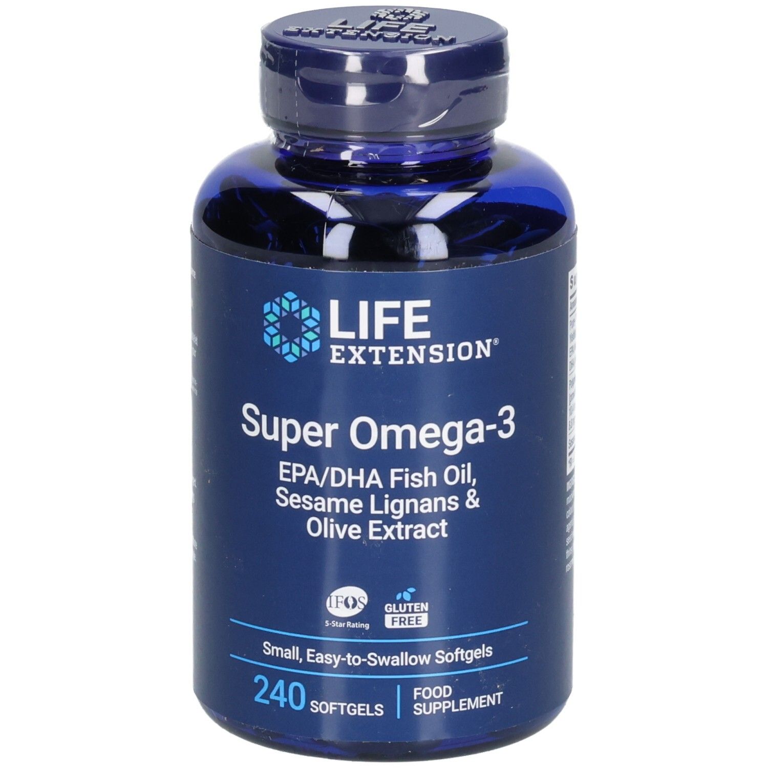 Blaue Flasche mit Kapseln. Aufschrift: LIFE EXTENSION Super Omega-3 EPA/DHA Fischöl. 240 Softgels. Glutenfrei.
