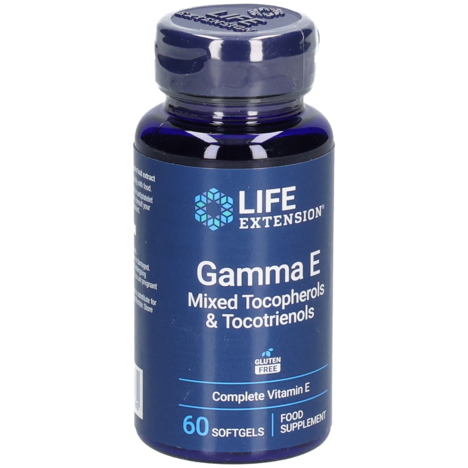 Blaue Flasche mit Kapseln. Aufschrift: Gamma E, Mixed Tocopherols & Tocotrienols. 60 Softgels. Glutenfrei.
