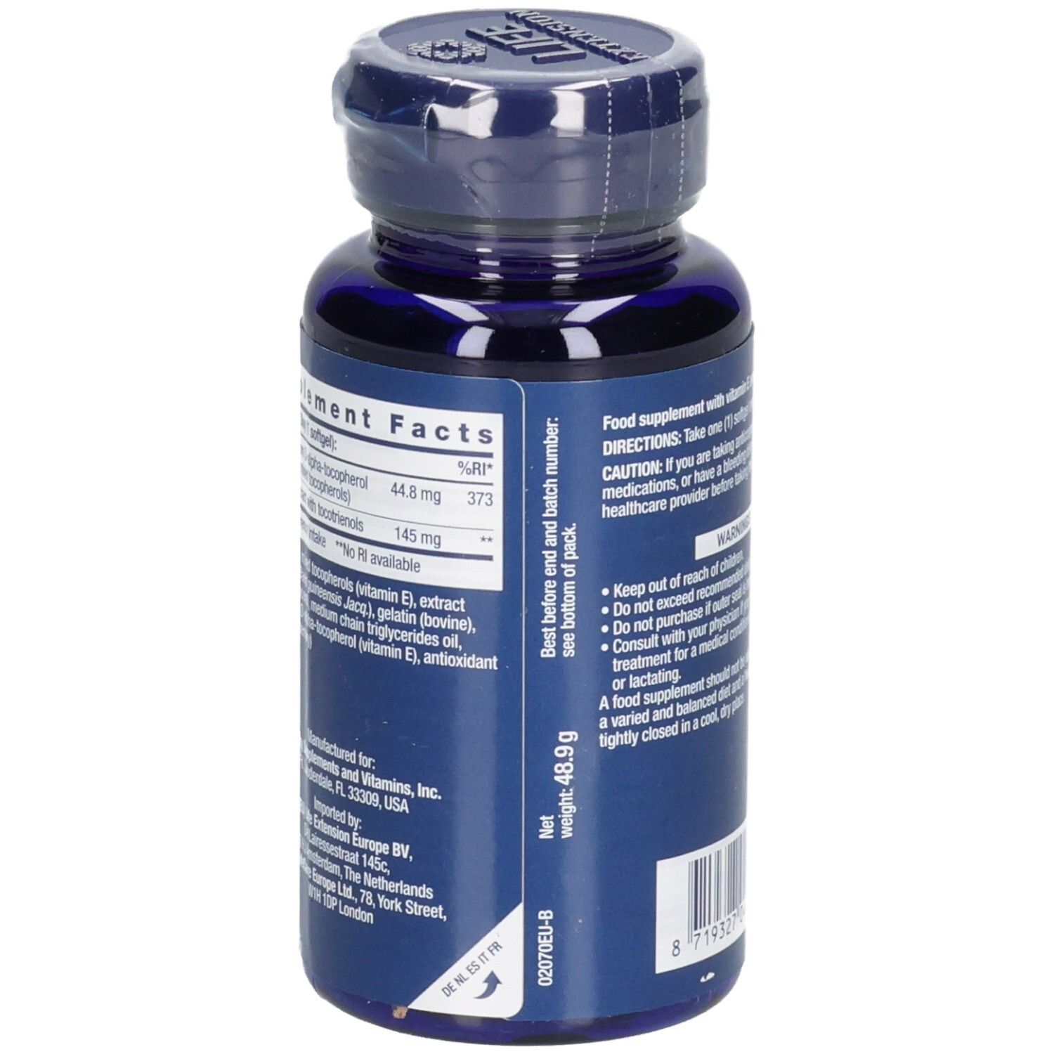 Rückseite der blauen Flasche mit Kapseln. Aufschrift: Gamma E, Mixed Tocopherols & Tocotrienols. Nährwertangaben und Gewicht.
