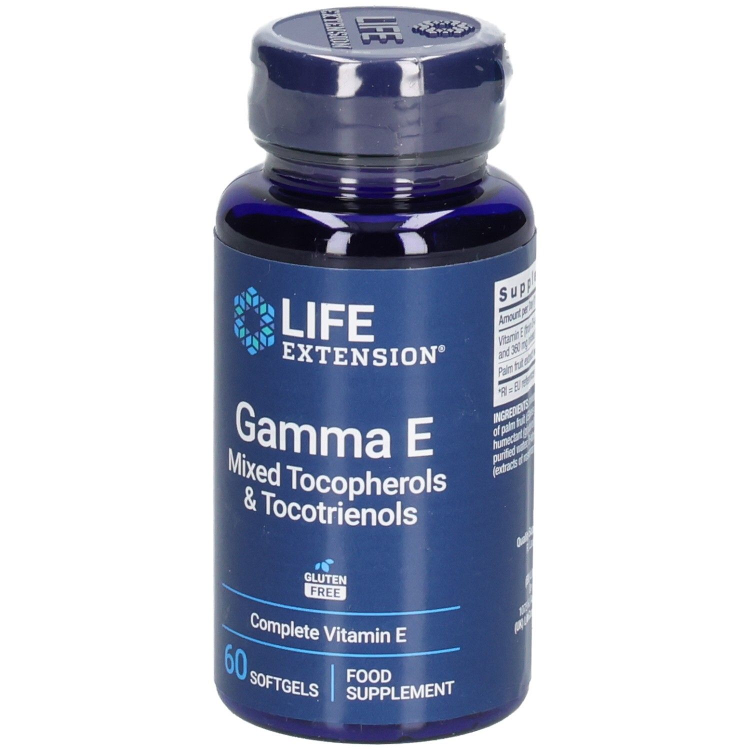 Blaue Flasche mit Kapseln. Aufschrift: Gamma E, Mixed Tocopherols & Tocotrienols. 60 Softgels. Glutenfrei. Marke Life Extension.