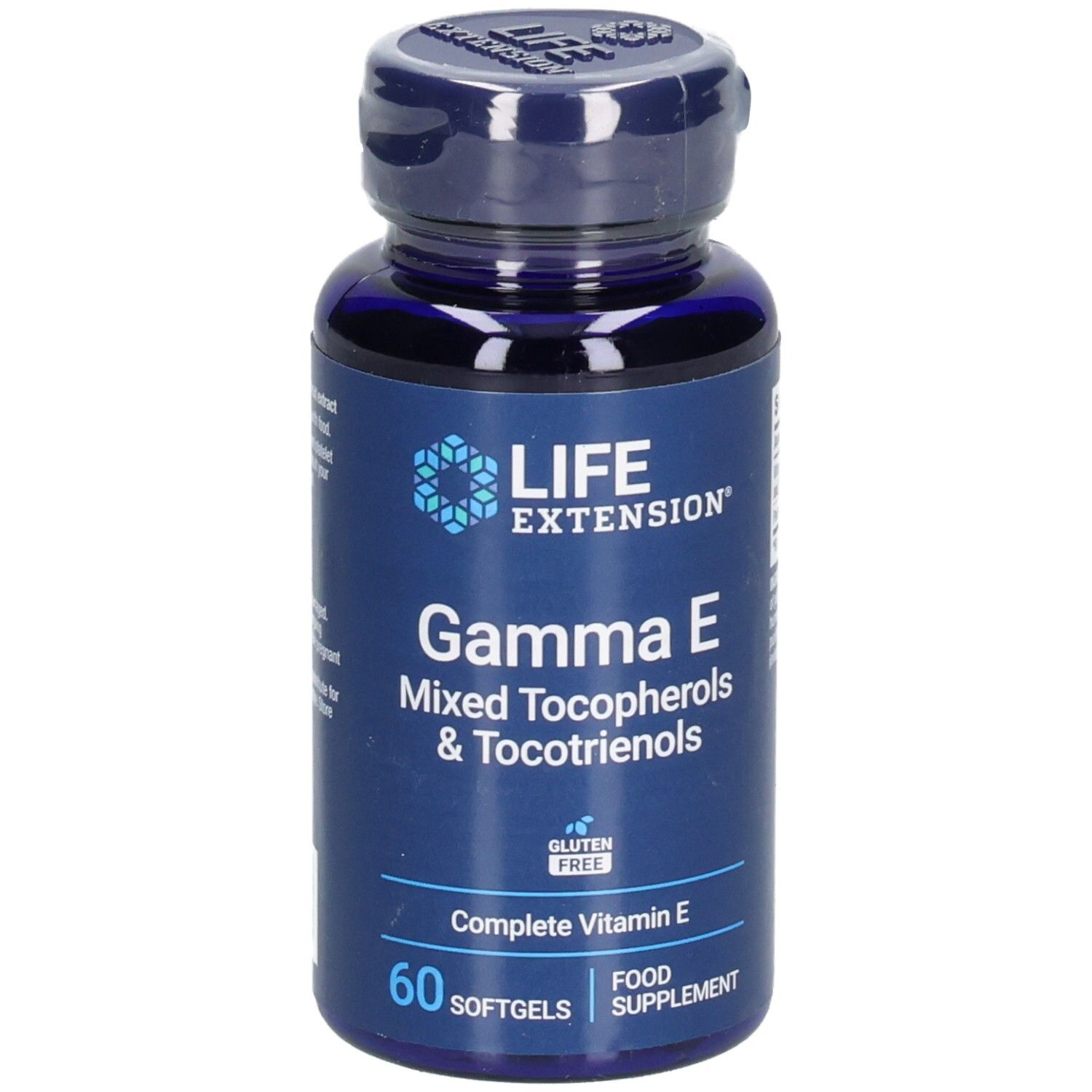 Blaue Flasche mit Kapseln. Aufschrift: Gamma E, Mixed Tocopherols & Tocotrienols. 60 Softgels. Marke Life Extension.
