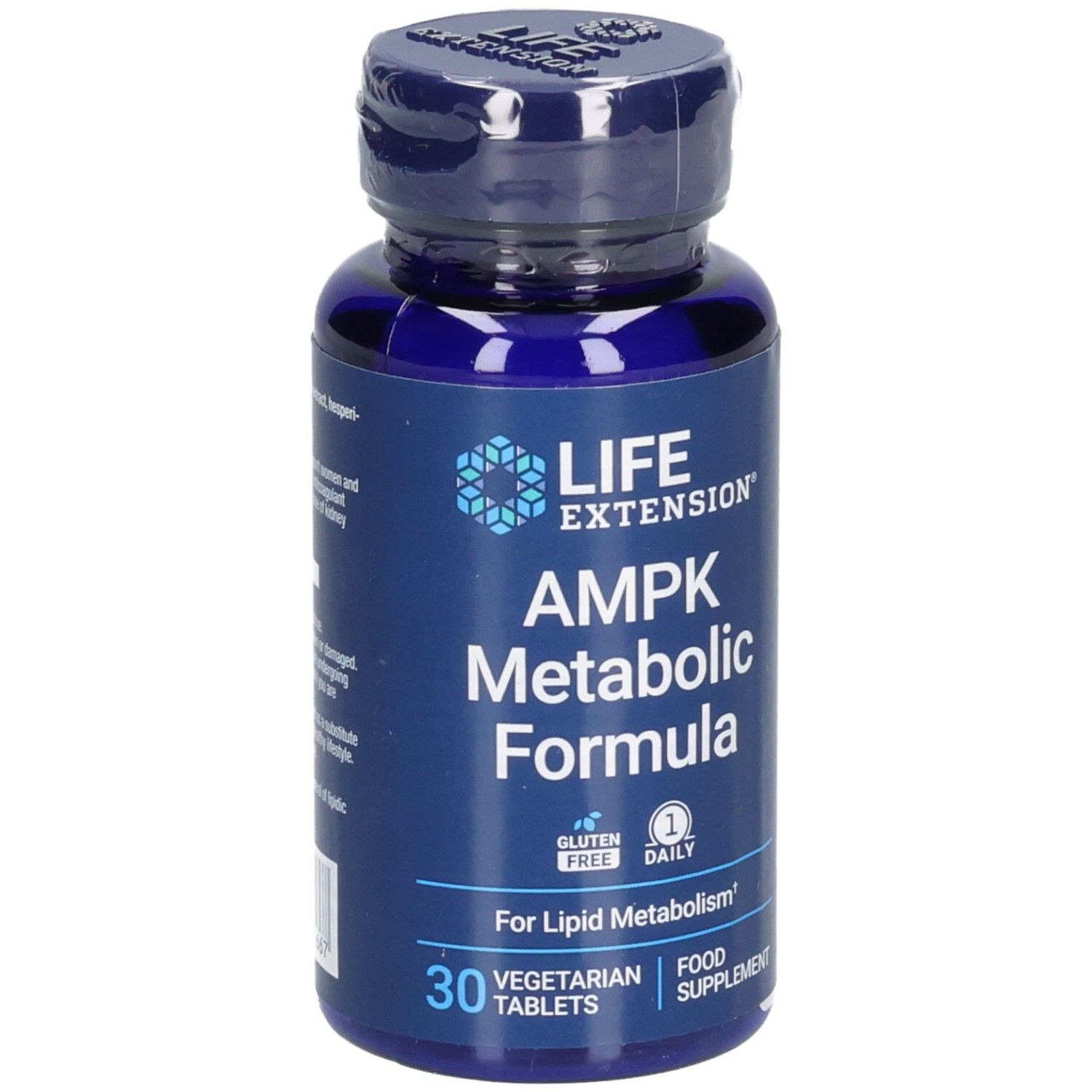 Blaue Flasche mit Tabletten. Aufschrift: LIFE EXTENSION, AMPK Metabolic Formula, glutenfrei, 30 Tabletten, Nahrungsergänzungsmittel.