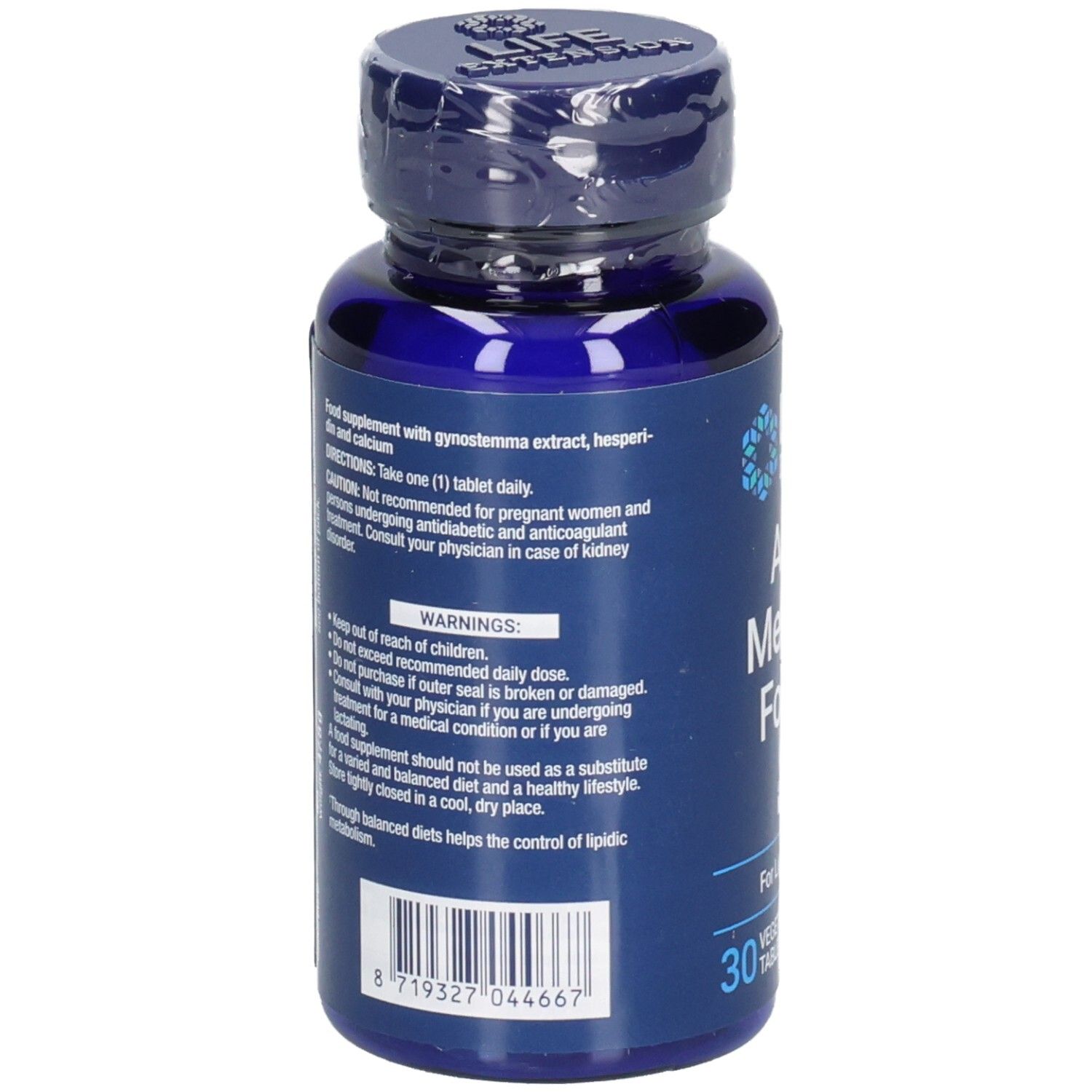 Rückseite der Tablettenflasche. Enthält Informationen zu Inhaltsstoffen, Warnhinweisen und Gebrauchsanweisung. 30 Tabletten.