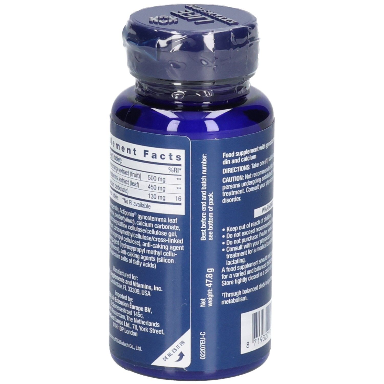 Rückseite der Tablettenflasche. Enthält Informationen zu Inhaltsstoffen, Warnhinweisen und Gebrauchsanweisung. Nettogewicht: 47,8 g.